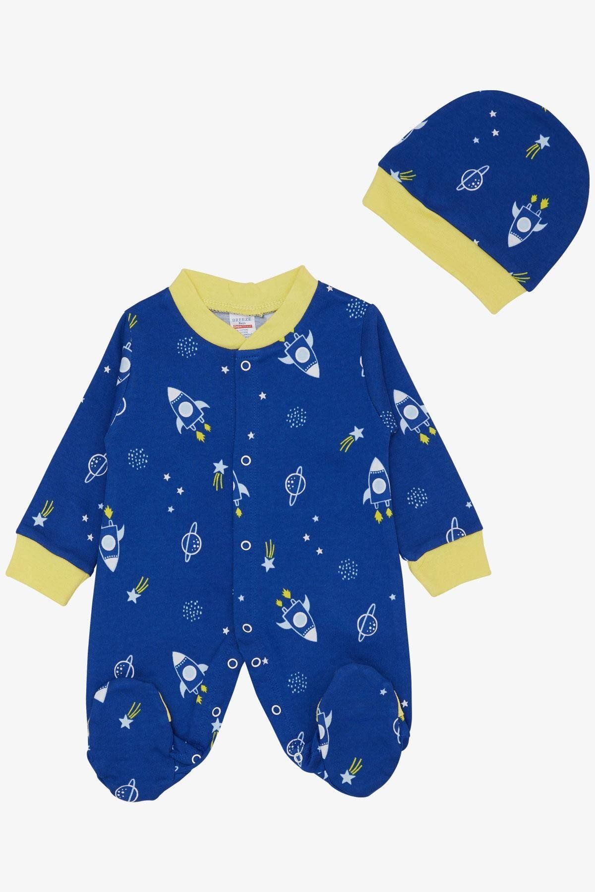 Breeze Erkek Bebek Patikli Tulum Uzay Temalı Yıldız Desenli 0-6 Ay, Saks Mavisi
