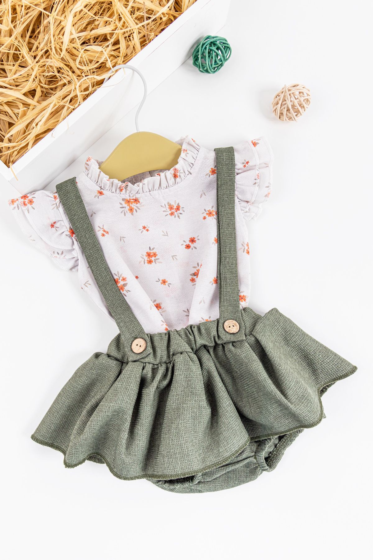 Babymod Çiçekli Desenli Gömlekli Kız Bebek Salopet Elbise Takım