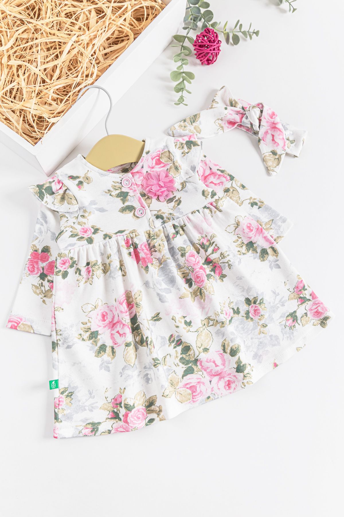 Babymod Çiçek Desenli Bandanalı Kız Bebek Elbise