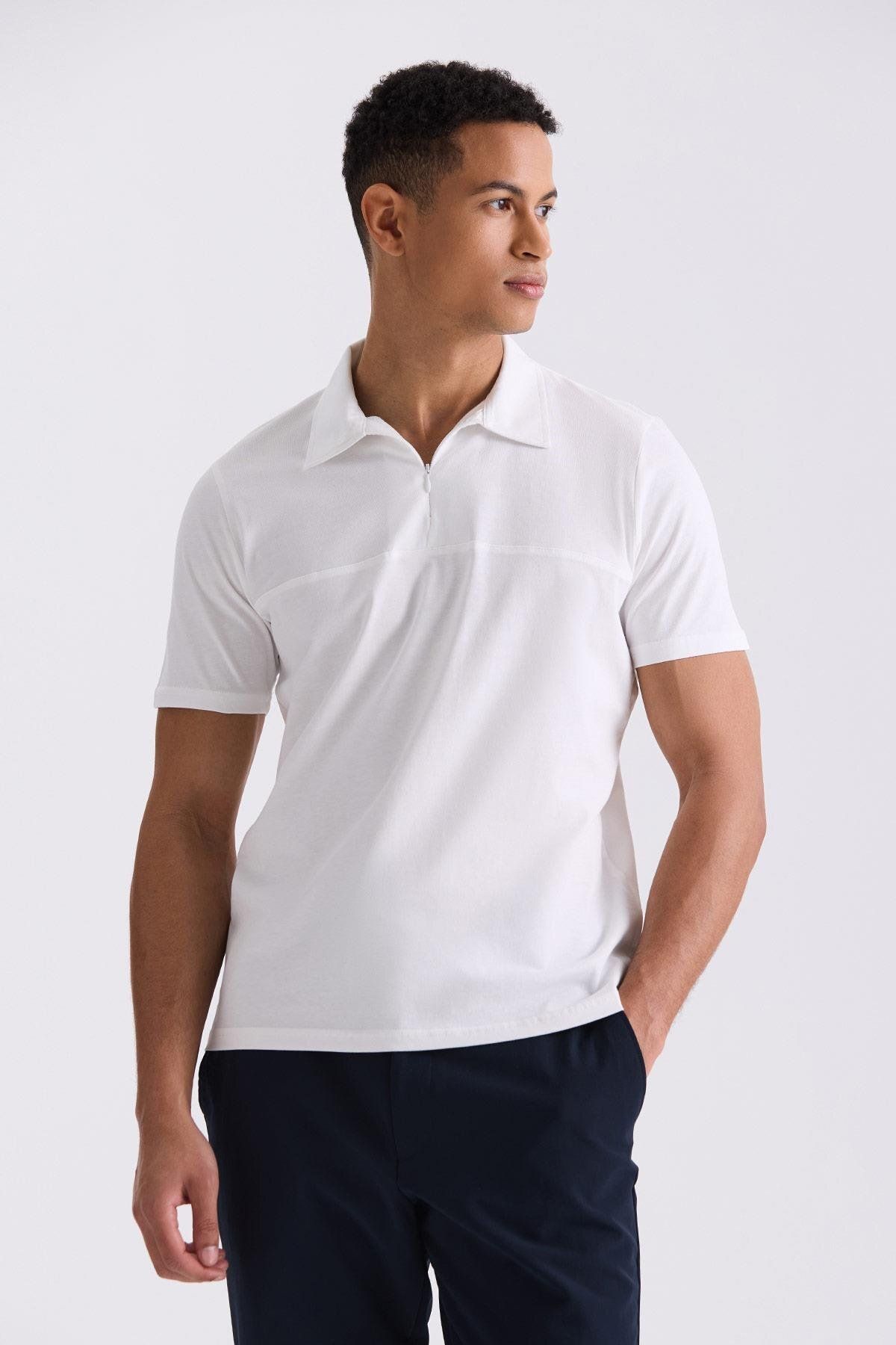 Jakamen Beyaz Slim Fit Fermuarlı Polo Yaka T-Shirt