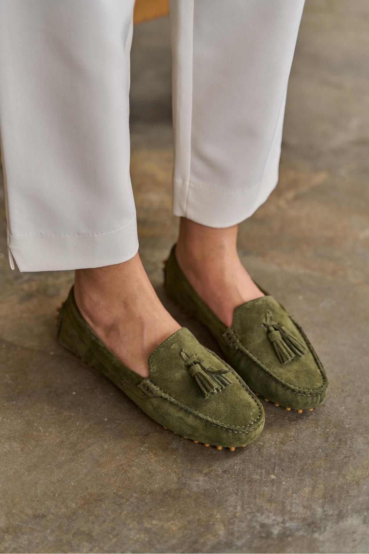 mytopuk Penelope Haki Süet Hakiki Deri Püsküllü Kadın Loafer Ayakkabı