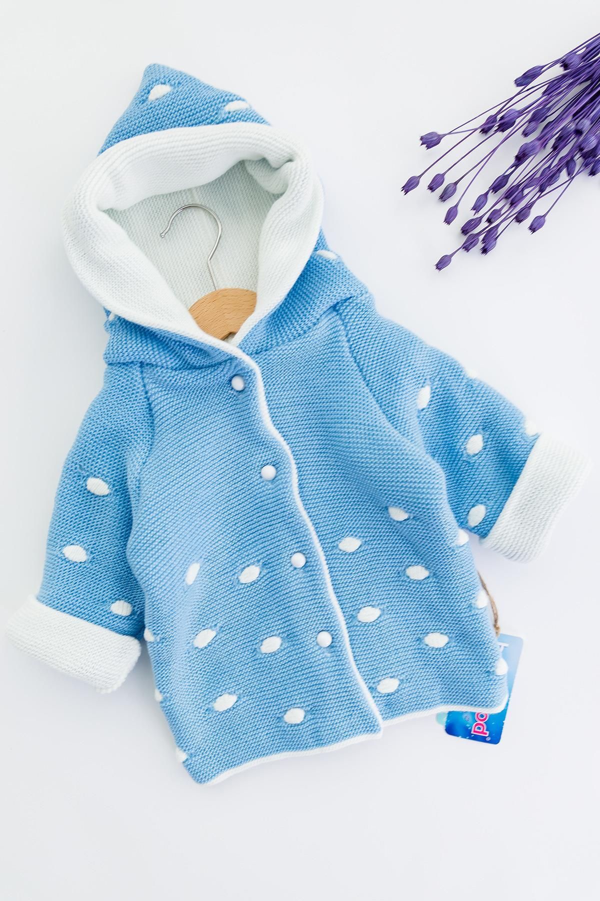 Babymod Kapüşonlu Mavi Erkek Bebek Çift Katlı Triko Hırka