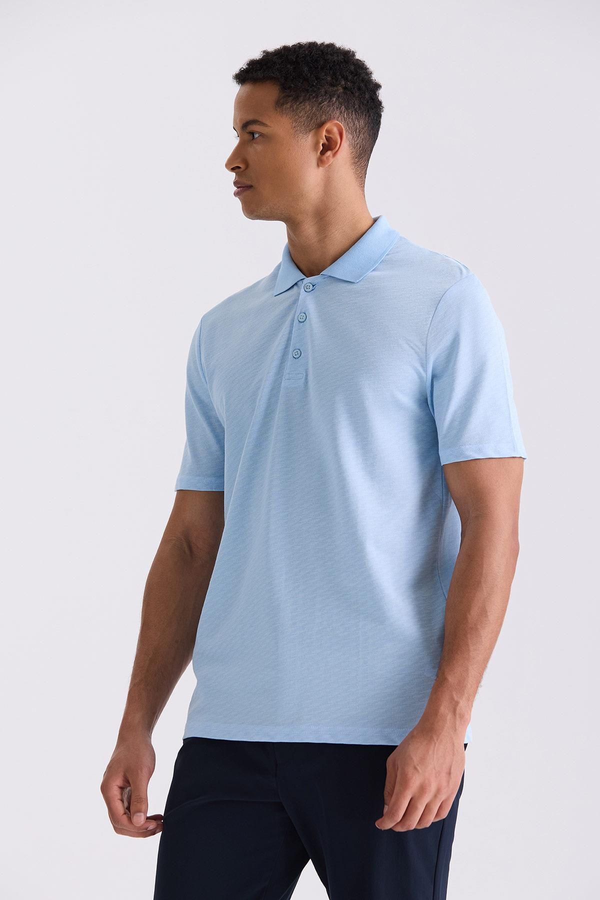 Jakamen Mavi Regular Fit Desenli Polo Yaka T-Shirt