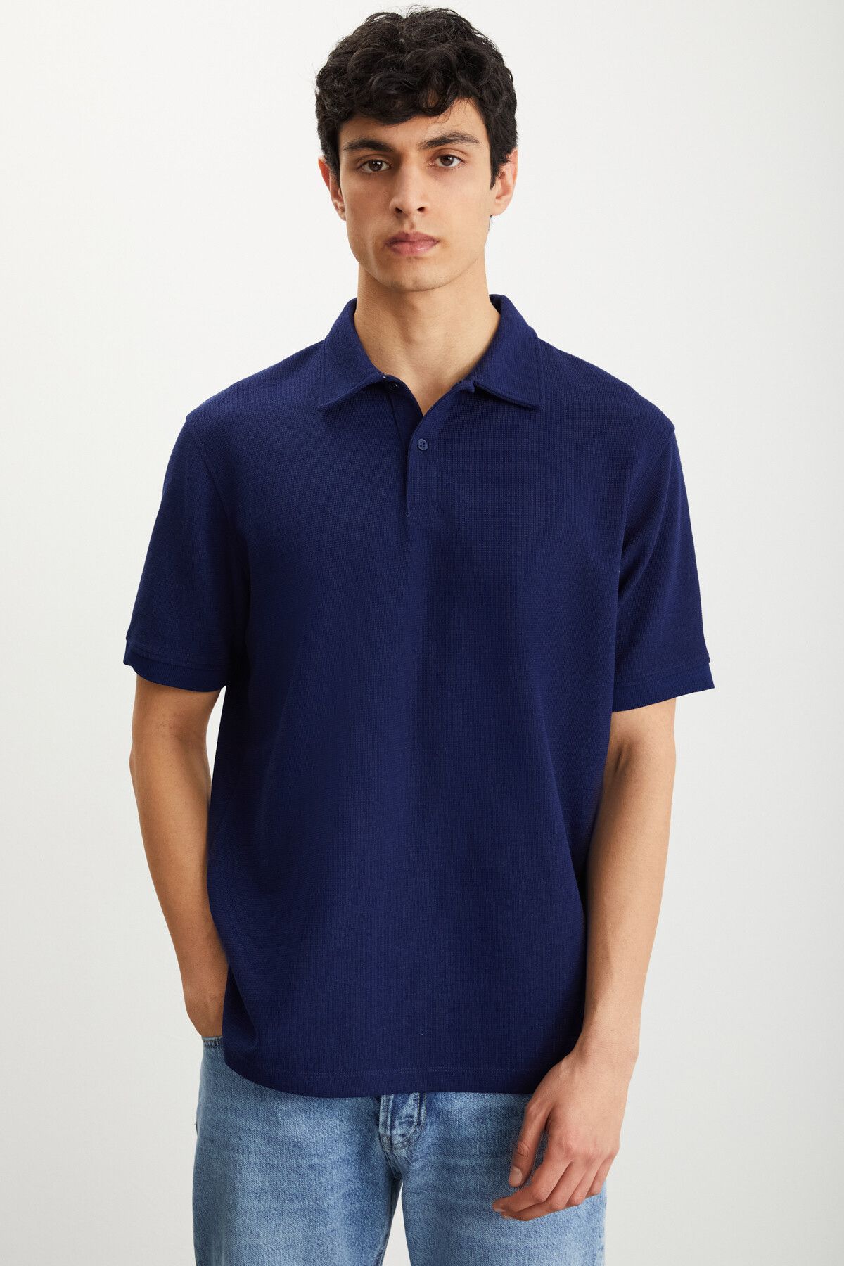 GRIMELANGE Laporte Erkek Dokulu Kumaşlı Slim Fit Lacivert Polo Yaka T-shirt