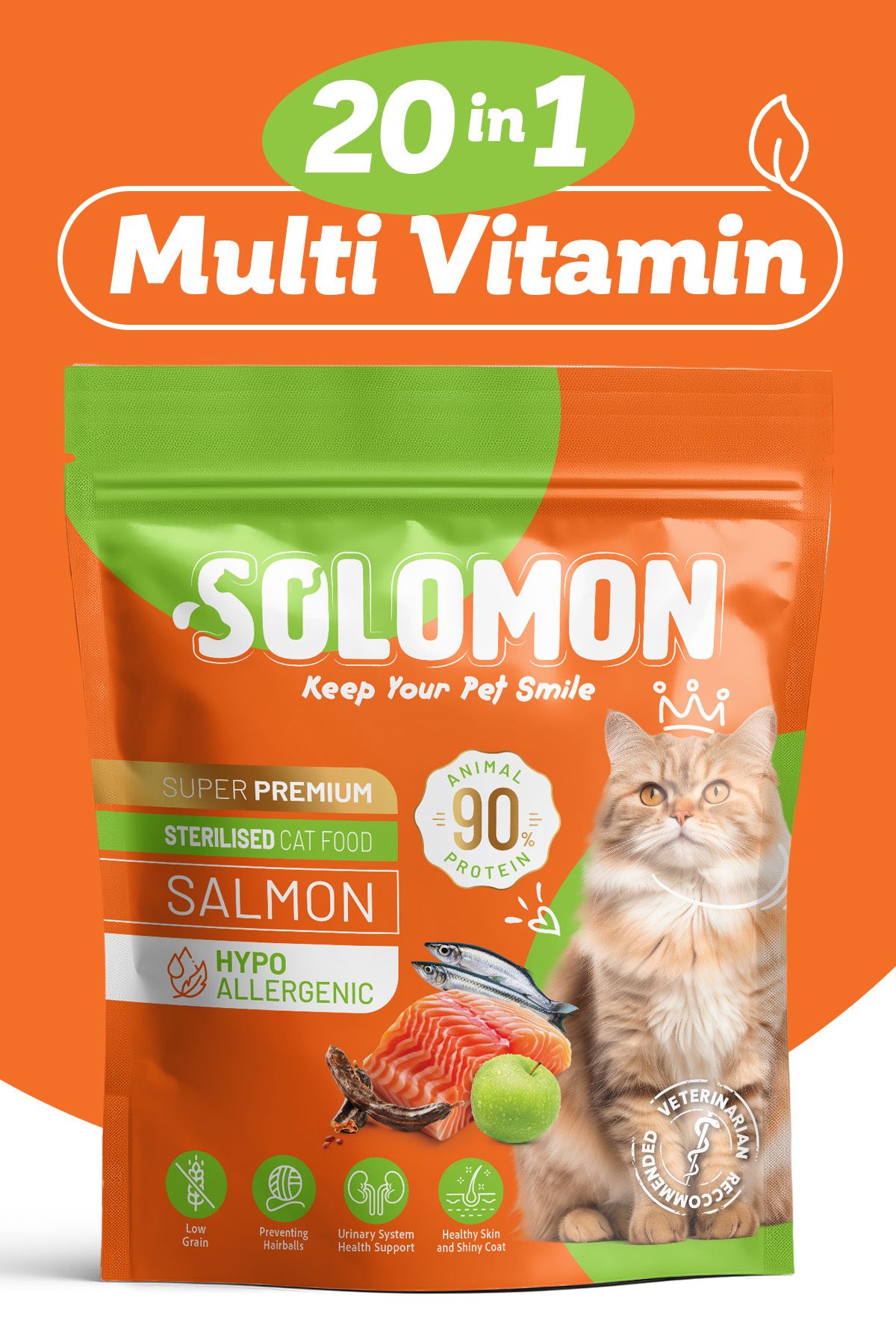 Solomon Kısırlaştırılmış Somon'lu Süper Premium Kedi Maması 1,5 Kg - Hipoalerjenik - Düşük Tahıllı