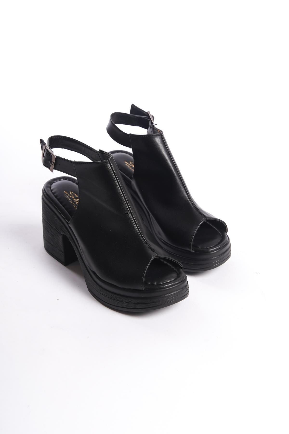 Preshley Kadın Bite Siyah Bilekten Bağlamalı Önu Acık Ortopedik Tabanlı  Platform Topuk Ayakkabı