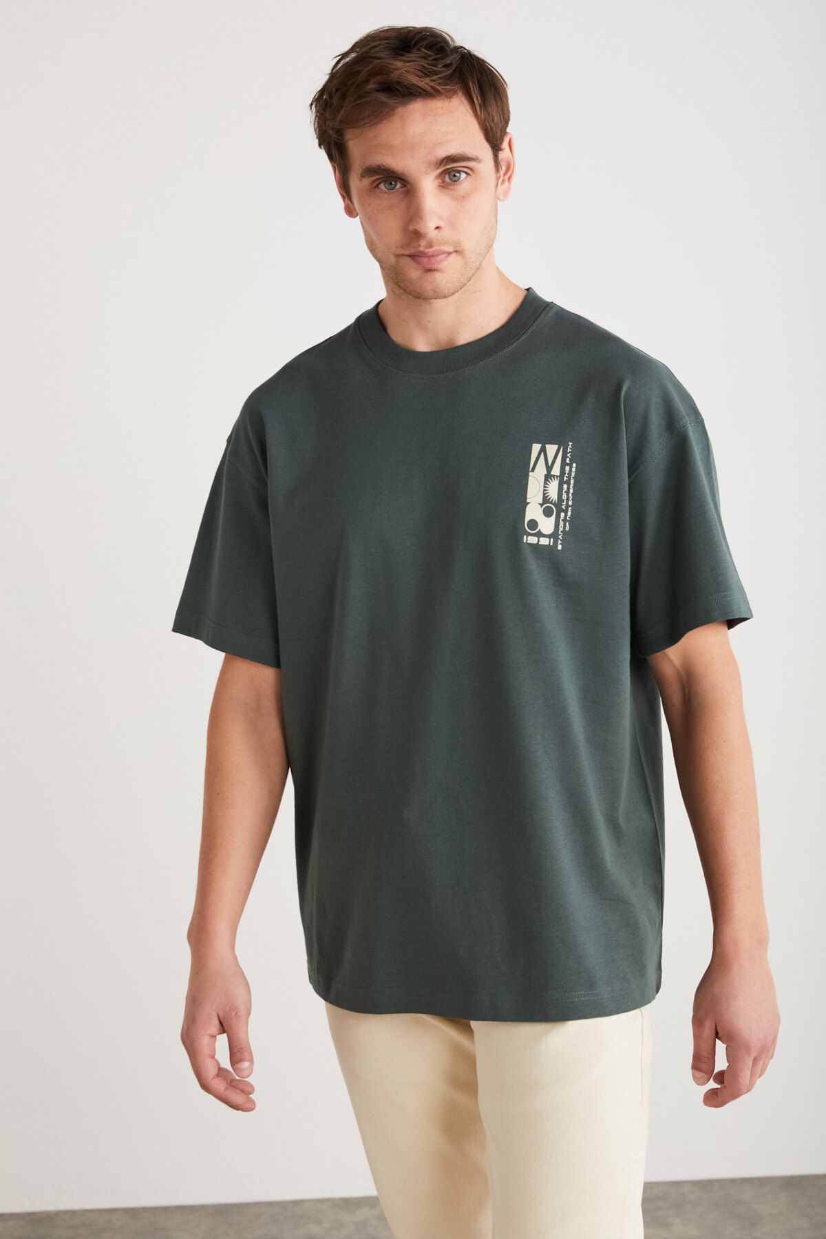 GRIMELANGE ANTONIO Erkek %100 Pamuk Kısa Kollu Önü Baskılı Oversize Yeşil T-Shirt