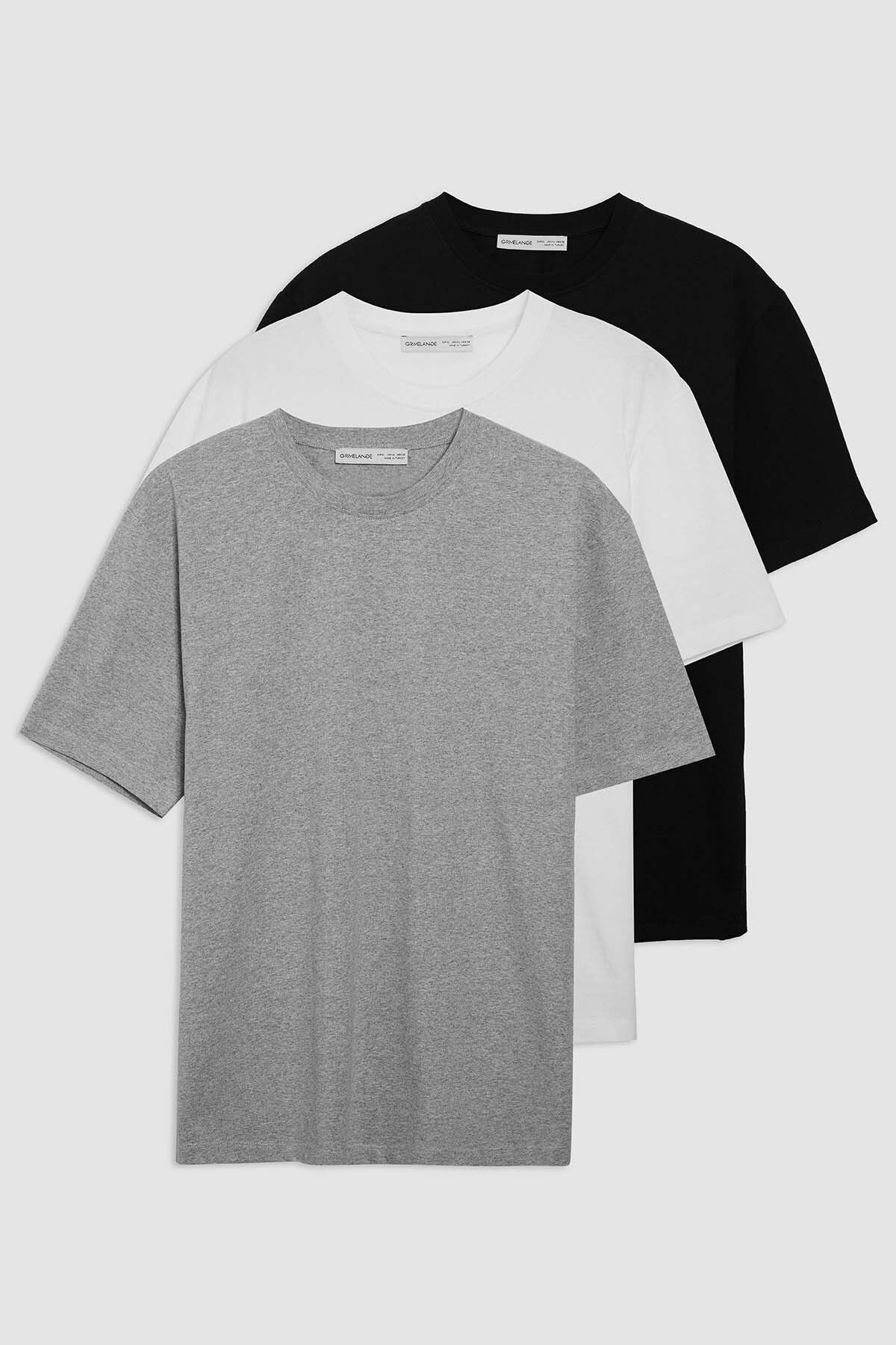GRIMELANGE Cultıvated Erkek 3 Lü Paket Comfort Fit %100 Pamuk Kalın Dokulu Çok Renkli T-shirt