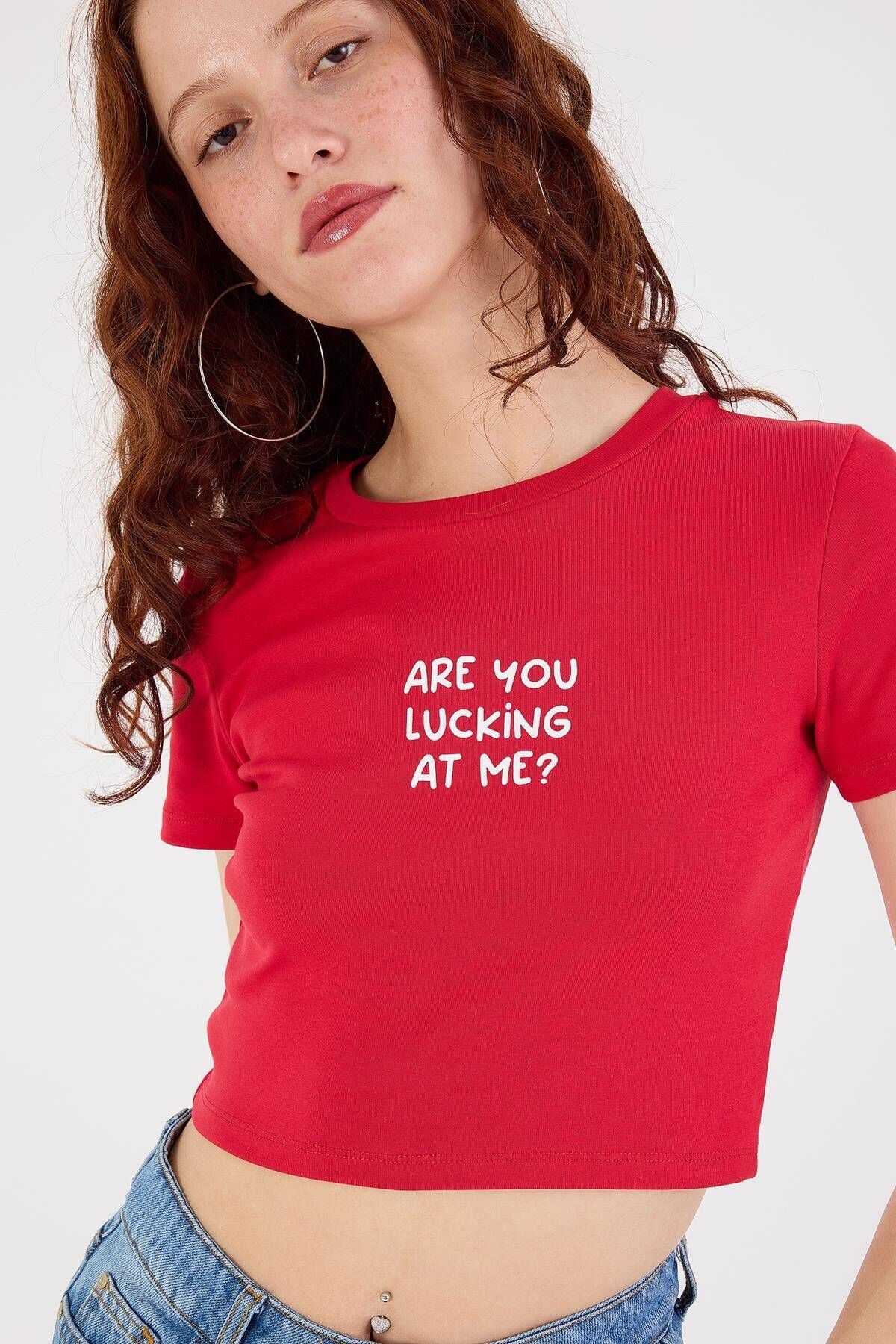 Addax Are You Lucking At Me? Yazılı Crop T-Shirt P1170-İ10