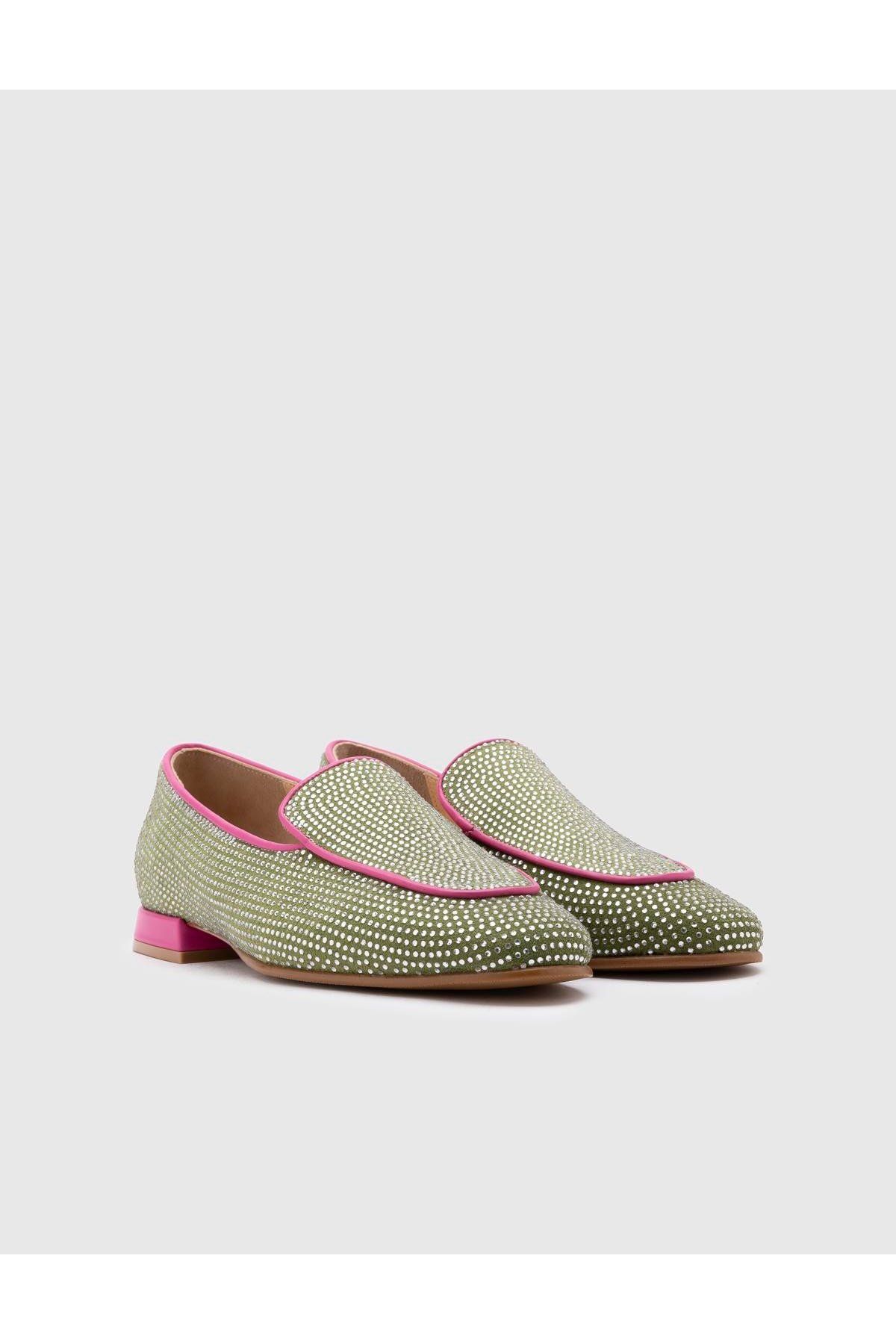 İlvi Himari Hakiki Süet Deri Taşlı Kadın Yeşil Loafer Ayakkabı