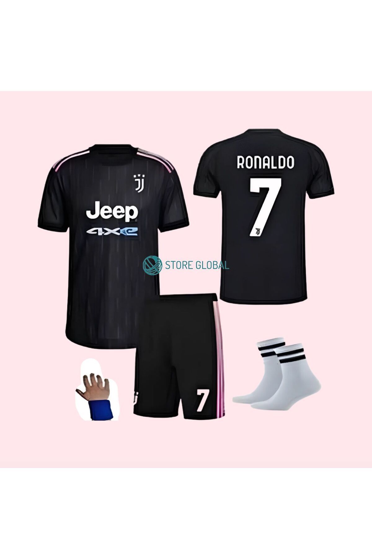 ZİLONG Ronaldo Cr7 Juventus Siyah Deplasman 21/22 Sezon Retro Çocuk Futbol Forması 4'lü Seti