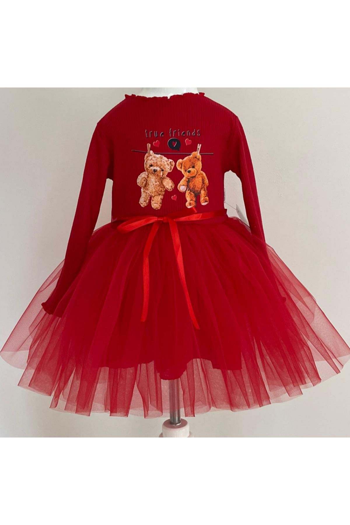 Genel Markalar Şirin Ayılar Desenli Kurdela Kuşaklı Astarlı Uzun Kollu Kız Çocuk Tütü Elbise