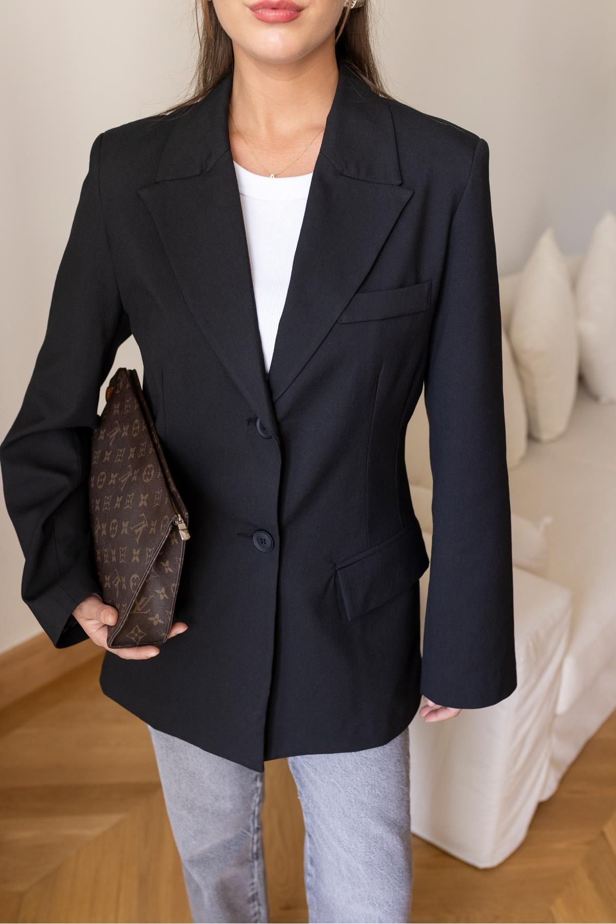 Askı Nişantaşı Siyah İki Düğmeli Cepli Blazer Ceket