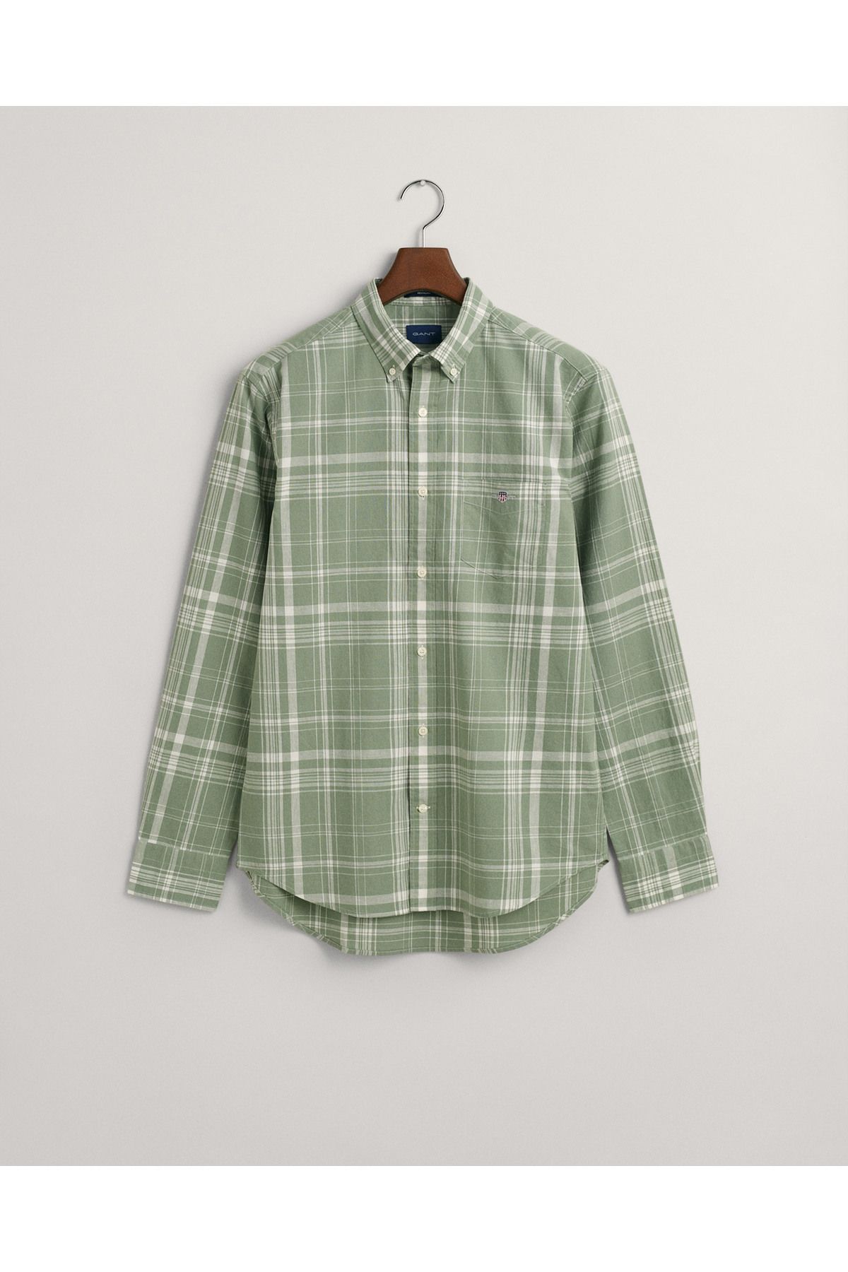 Gant Erkek Yeşil Regular Fit Düğmeli Yaka Kareli Keten Gömlek