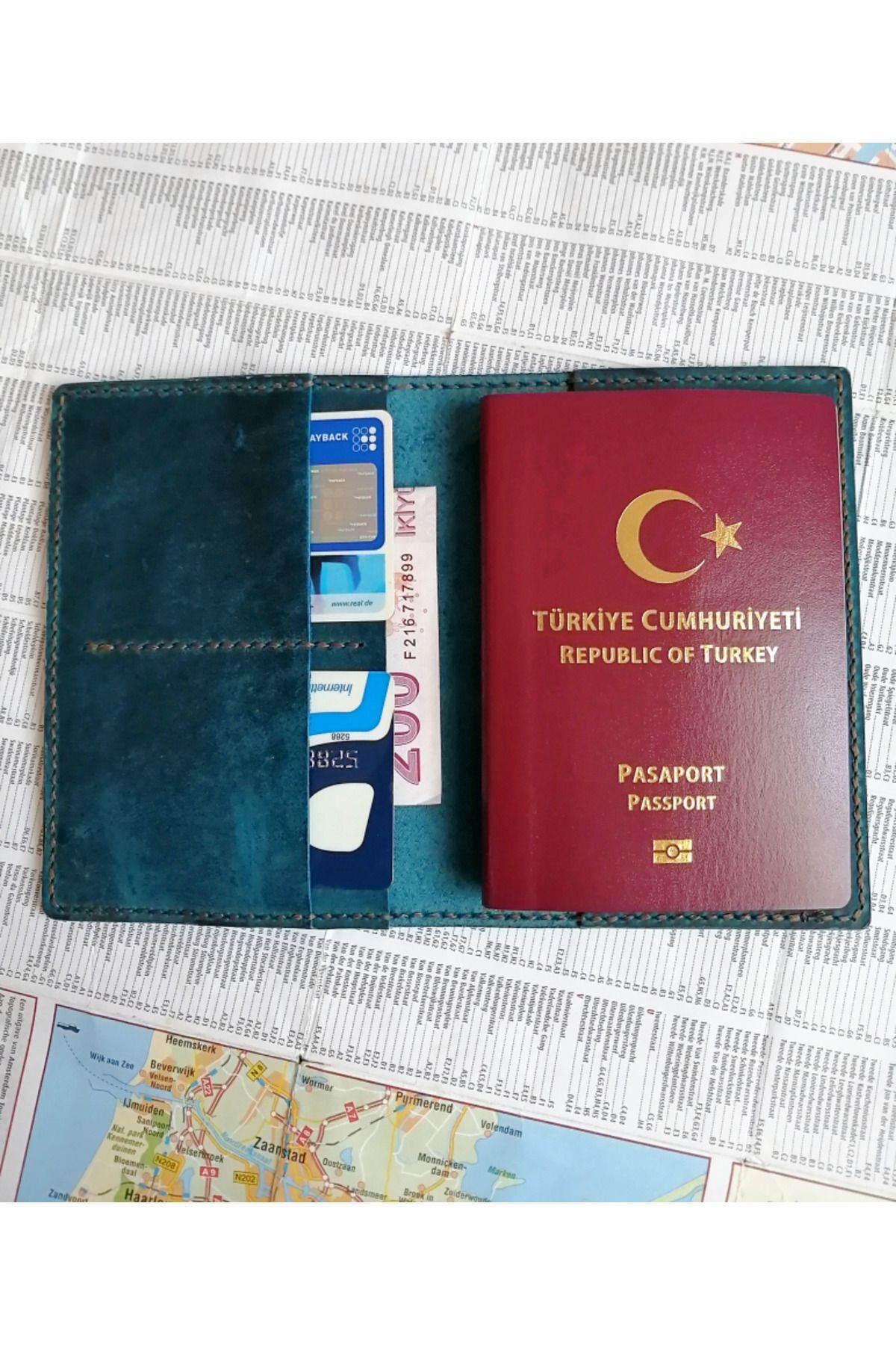 Madamera Pasaport Kılıfı Kişiye Özel Isimli Turkuaz Hakiki Deri Erkek Seyahat Cüzdan Mp26