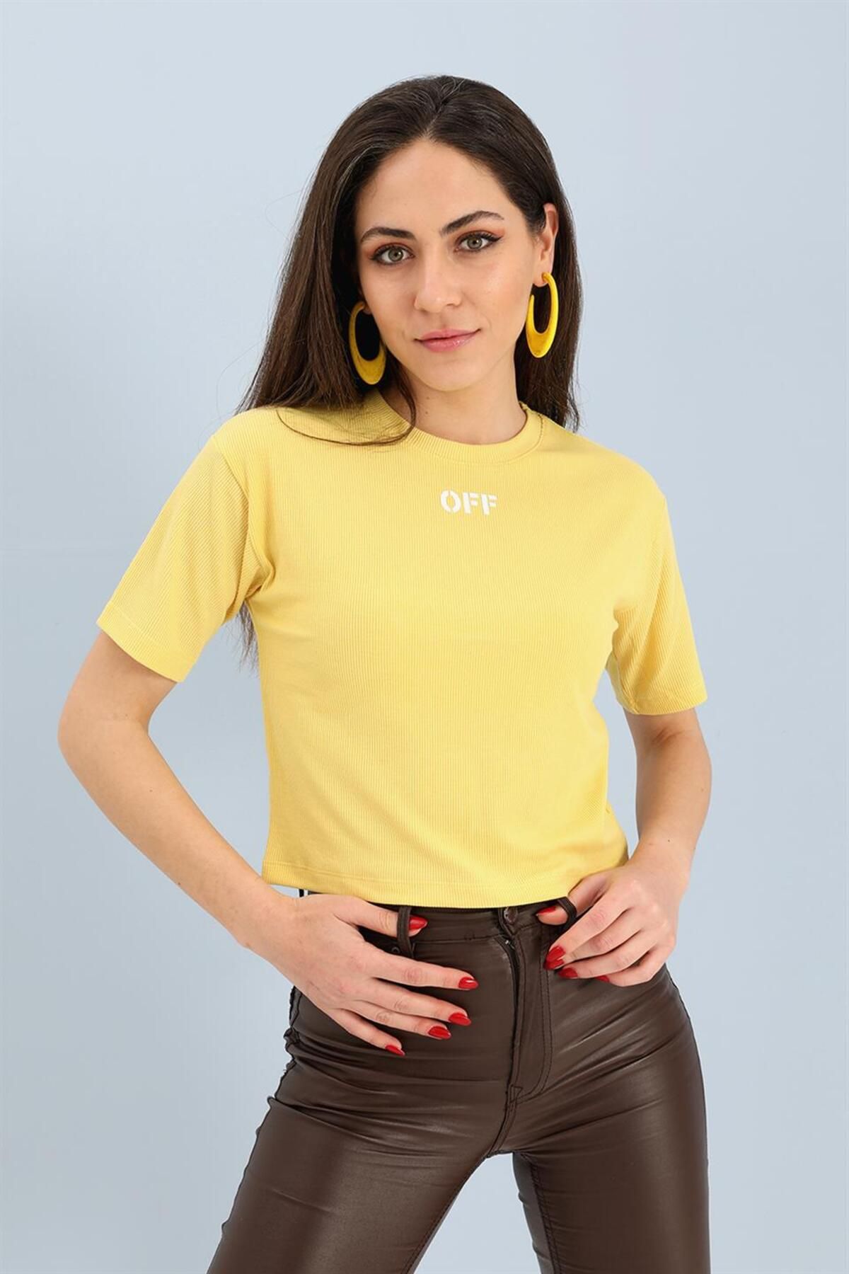 VAPUR TEKSTİL Tshirt Crop Bisiklet Yaka Off Yazılı - Sarı