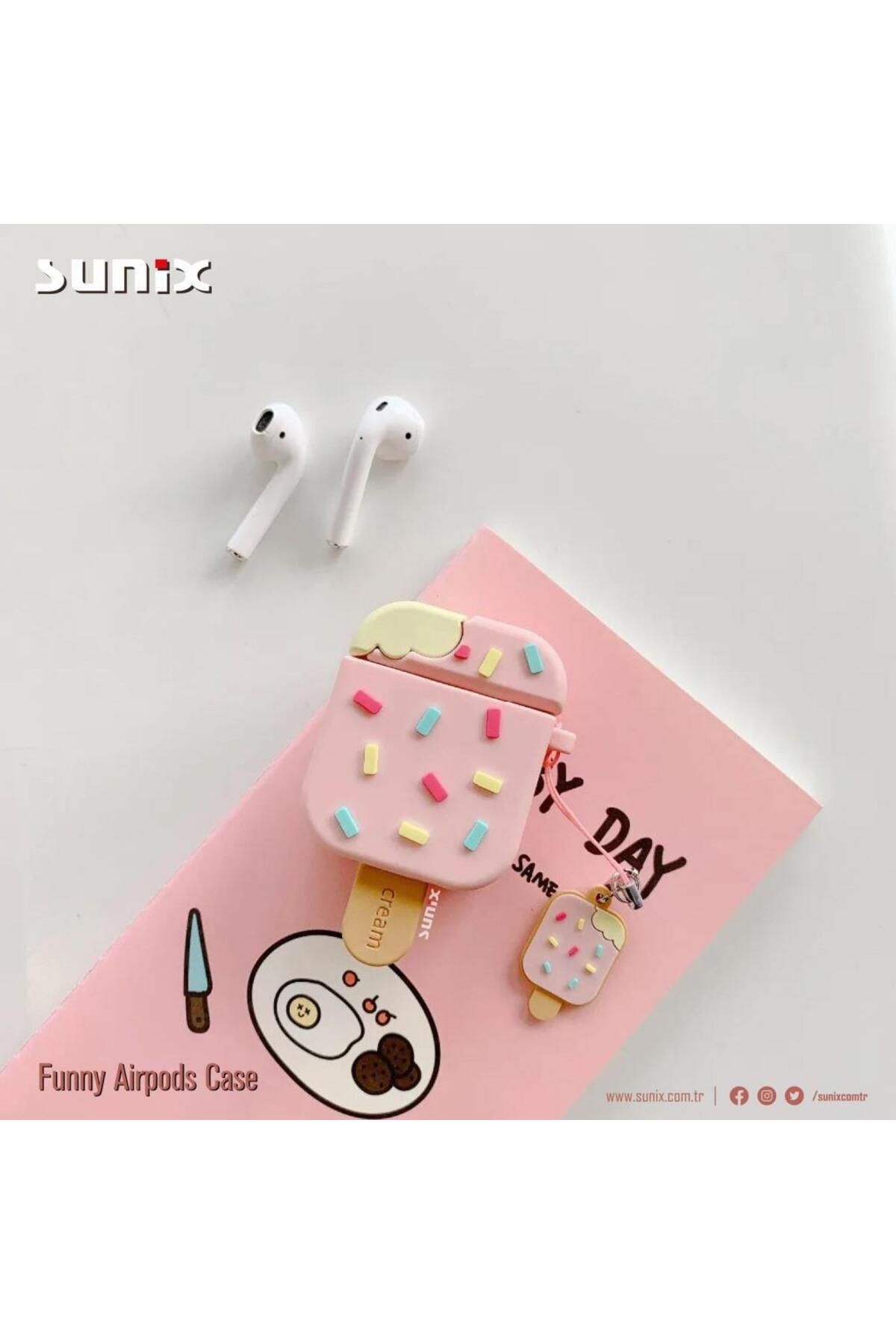 Sunix Airpod 1 Ve 2. Nesil Uyumlu Dondurma Desenli Funny Silikon Kılıf Pembe