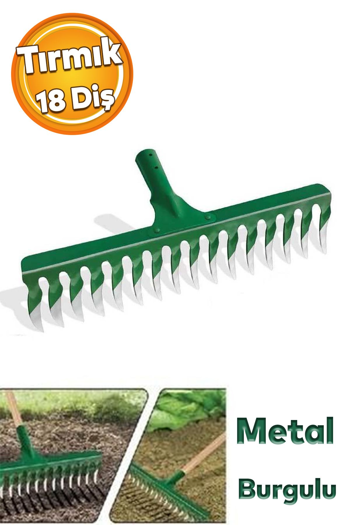 Badem10 Metal Burgulu Bahçe Tarla Tırmık 18 Diş Çim Peyzaj Yaprak Ot Saman Temizleme Toprak İşleme Tırmığı