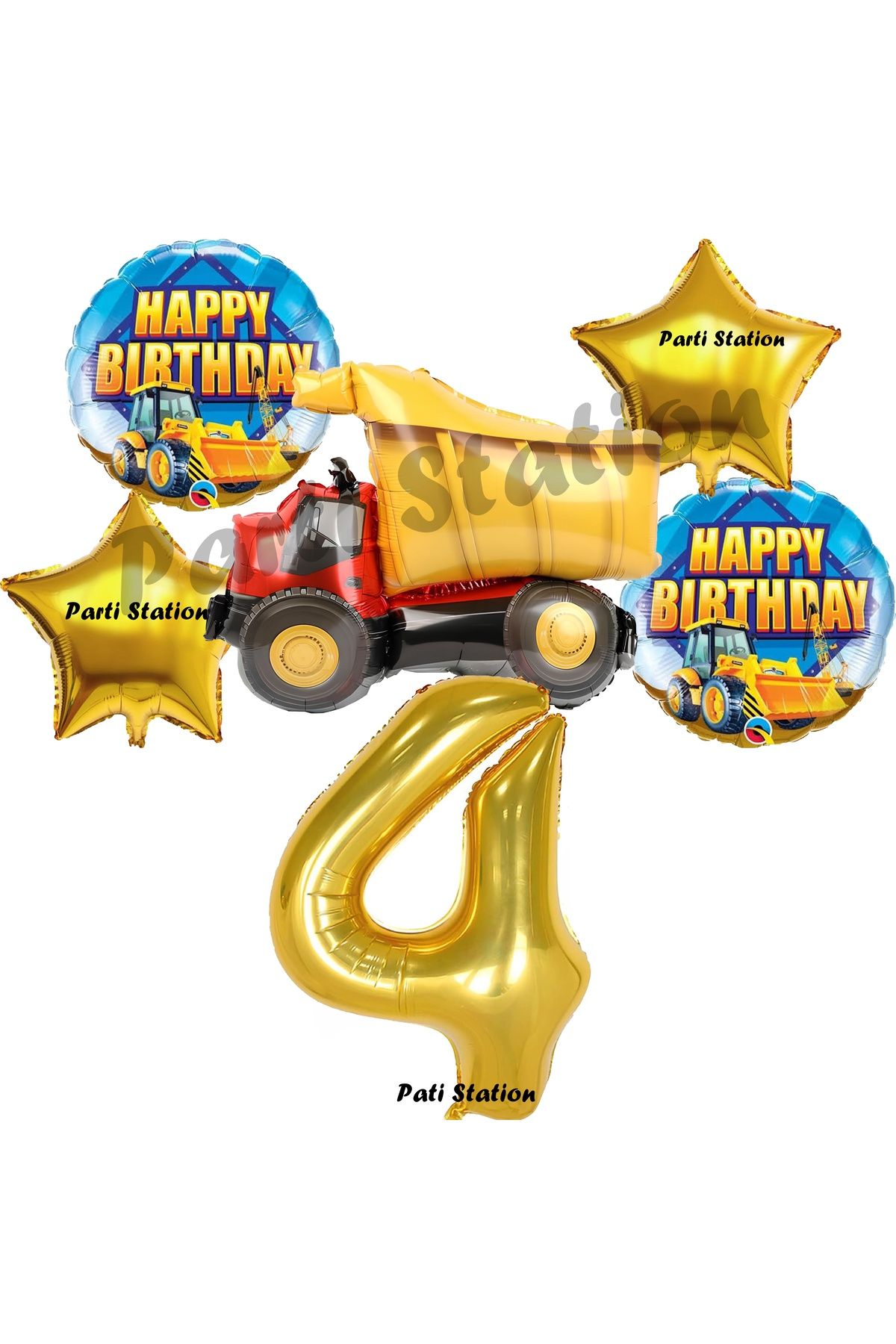 Parti Station İnşaat Konsept 4 Yaş Doğum Günü Balon Set Kamyon Balon ve Gold Rakam Balon Doğum Günü Parti Set