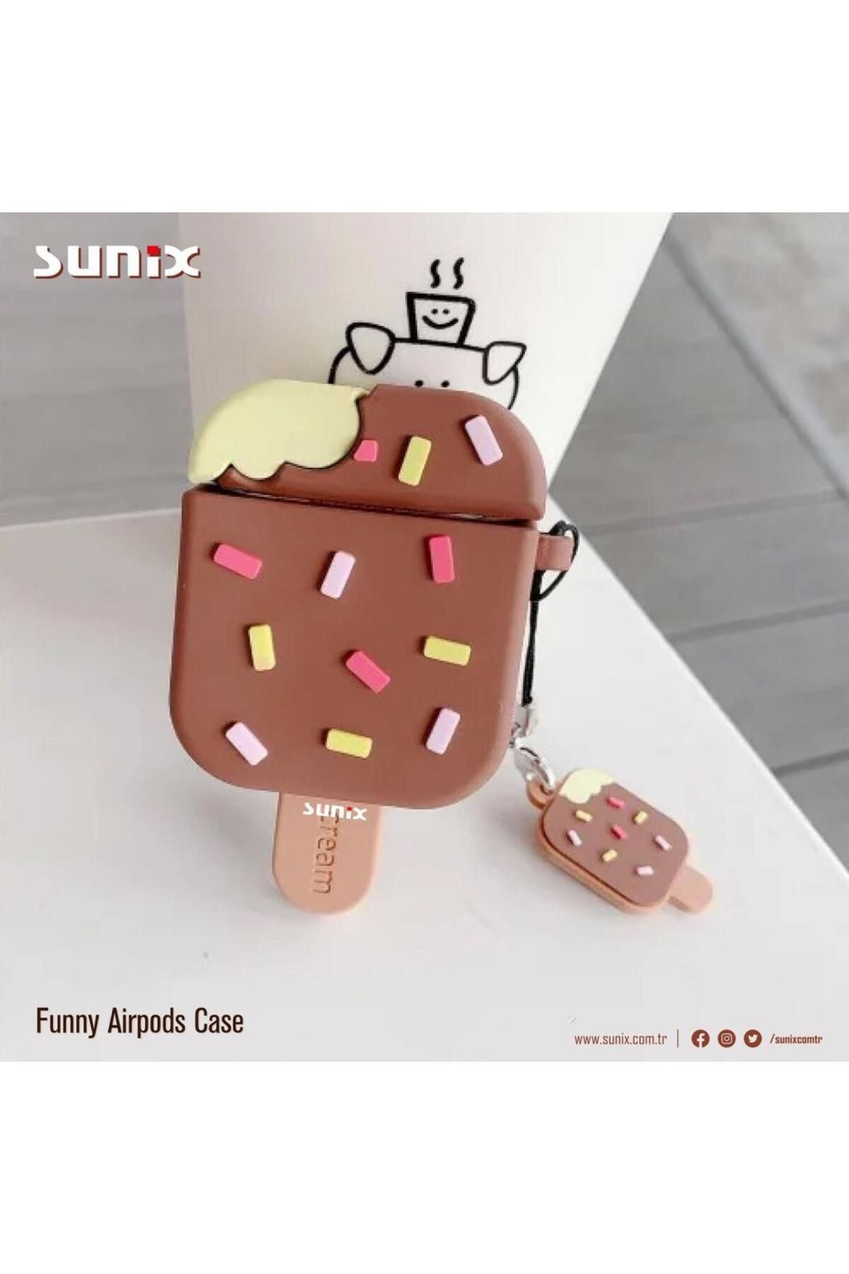 Sunix Airpod 1 Ve 2. Nesil Uyumlu Dondurma Desenli Funny Silikon Kılıf Kahverengi