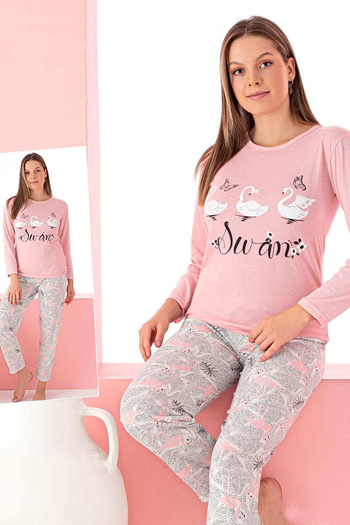 Lila Karışık Baskılı Uzun Kol Acik Gri Renk Kadın Pijama Takımı