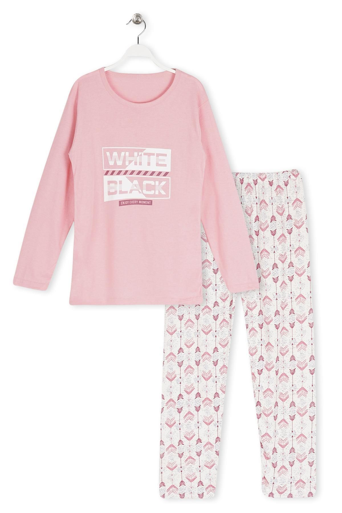 Lila Karışık Baskılı Uzun Kol Acik Gri Renk Kadın Pijama Takımı