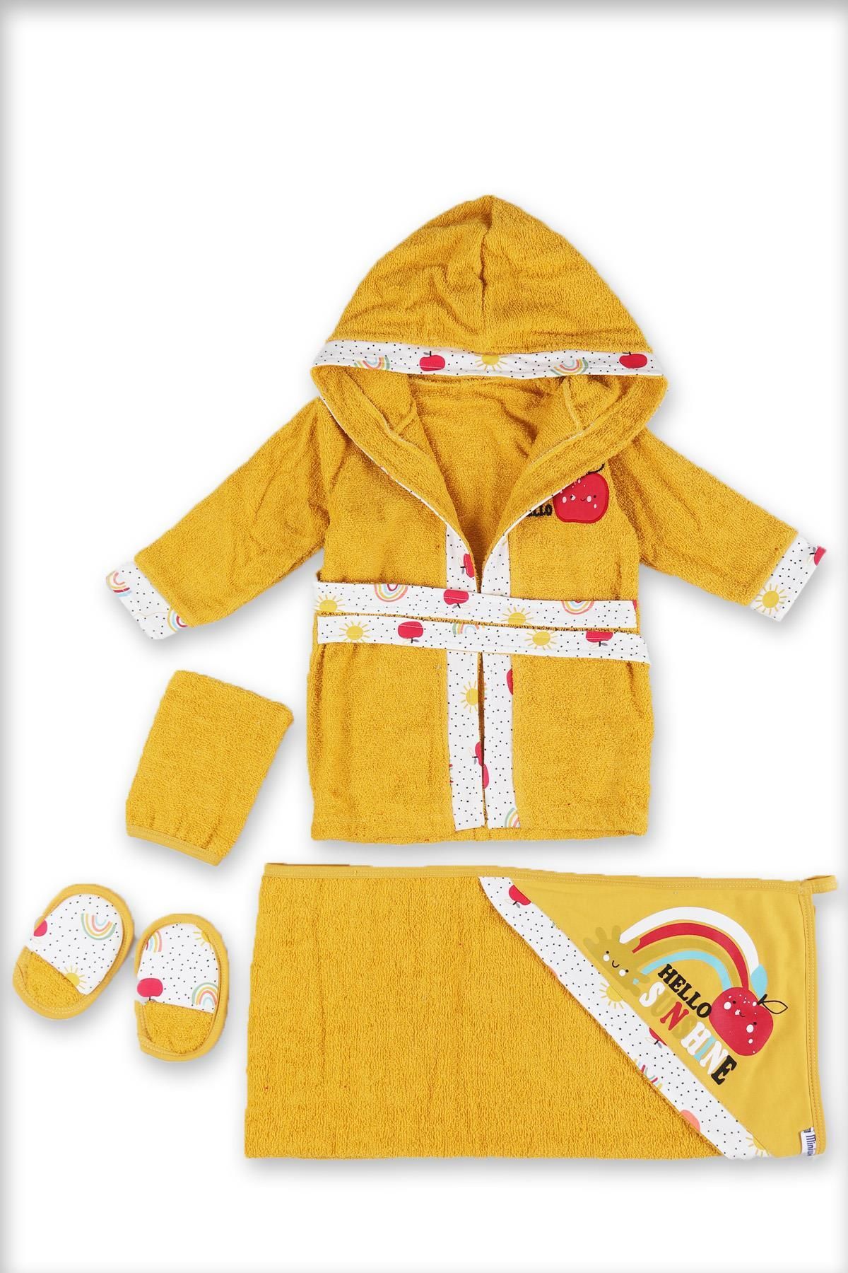 Mızıkçı MiniWorld Sarı Unisex Bebek Hello Sunshine Baskılı Elma Nakışlı Havlu/Bornoz