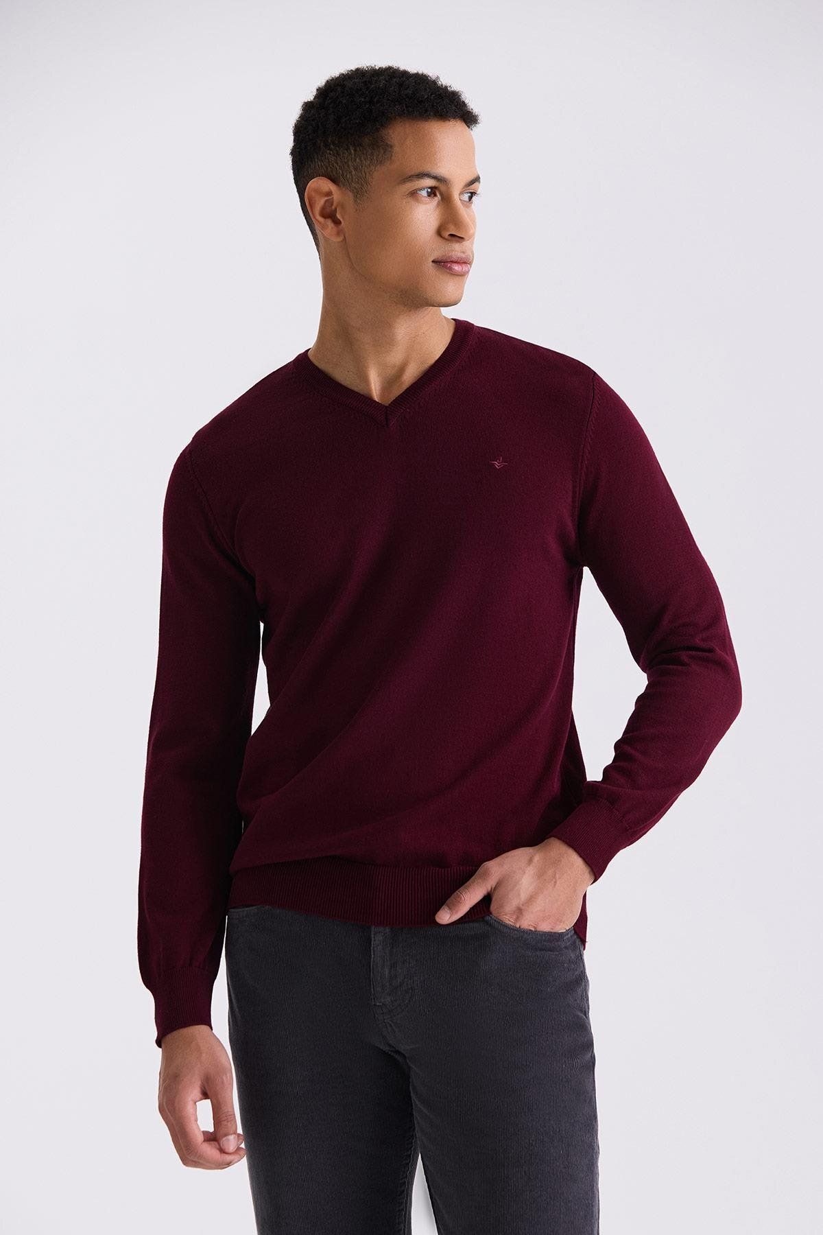 Jakamen Bordo Slim Fit V Yaka Triko Kazak