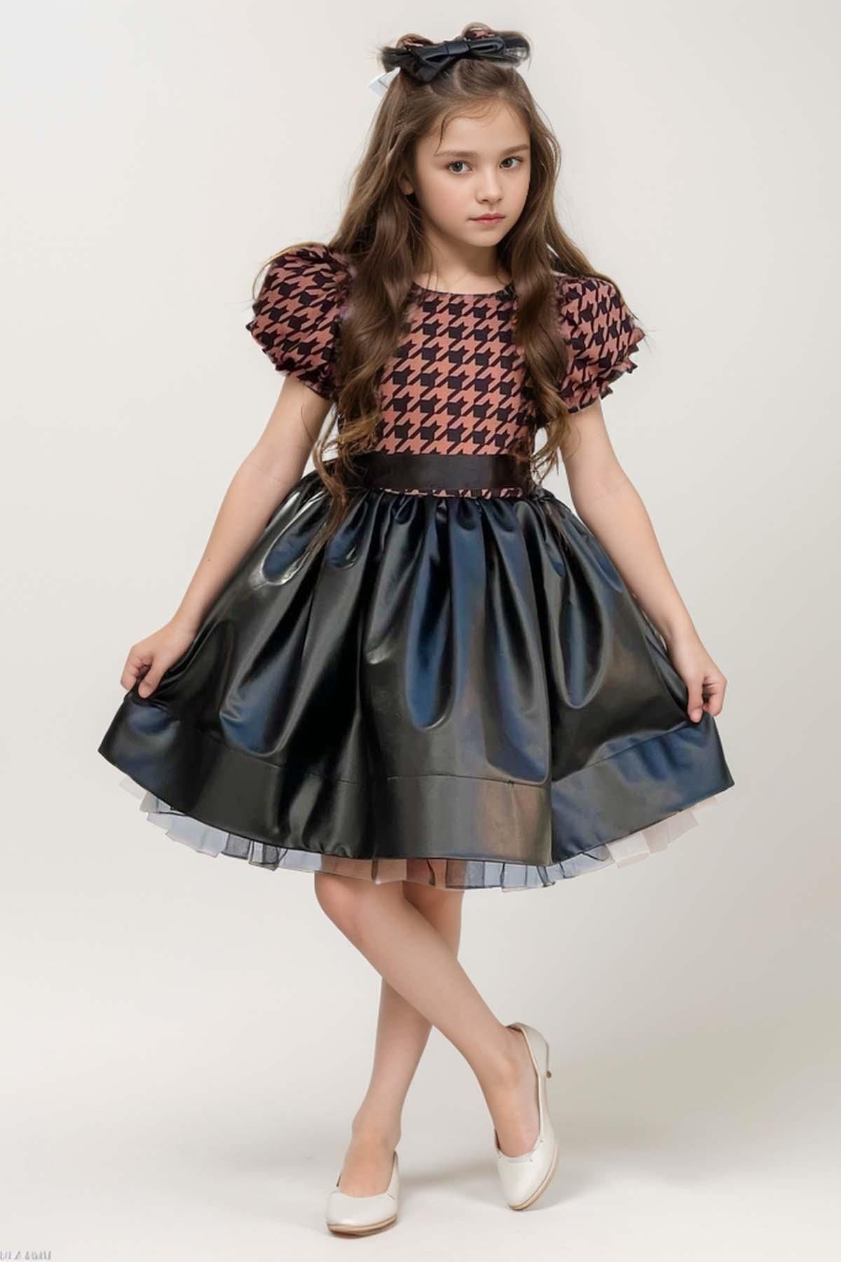 Riccotarz Kız Çocuk Balon Kollu Kazayağı Desenli Deri Etekli Tül Detaylı Kahverengi Elbise