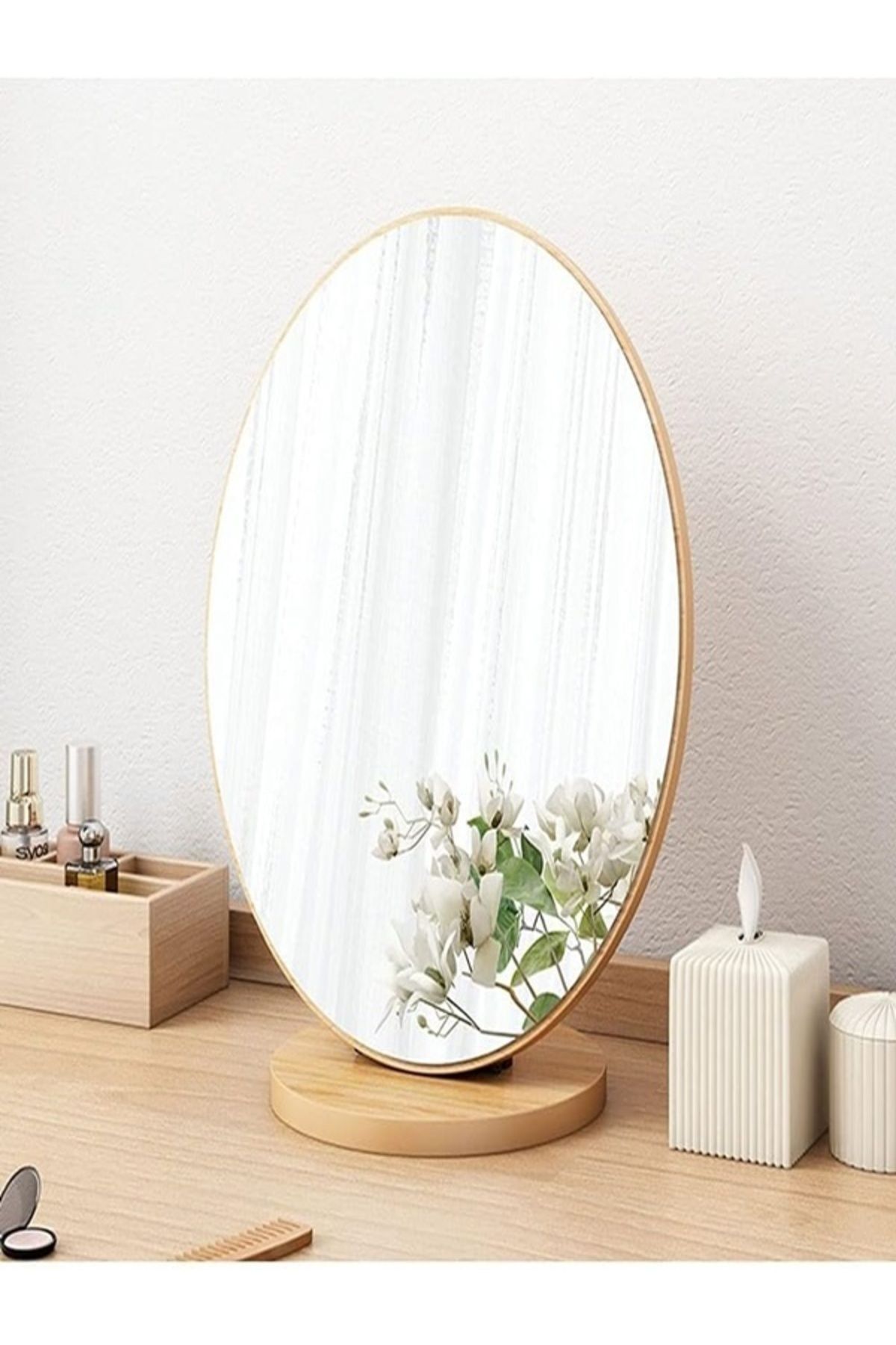 gaman Masaüstü Ayna Eğimi Ayarlanabilir Menteşeli 22 Cm Oval Görünümlü Ahşap Makyaj Cilt Bakımı Ayna