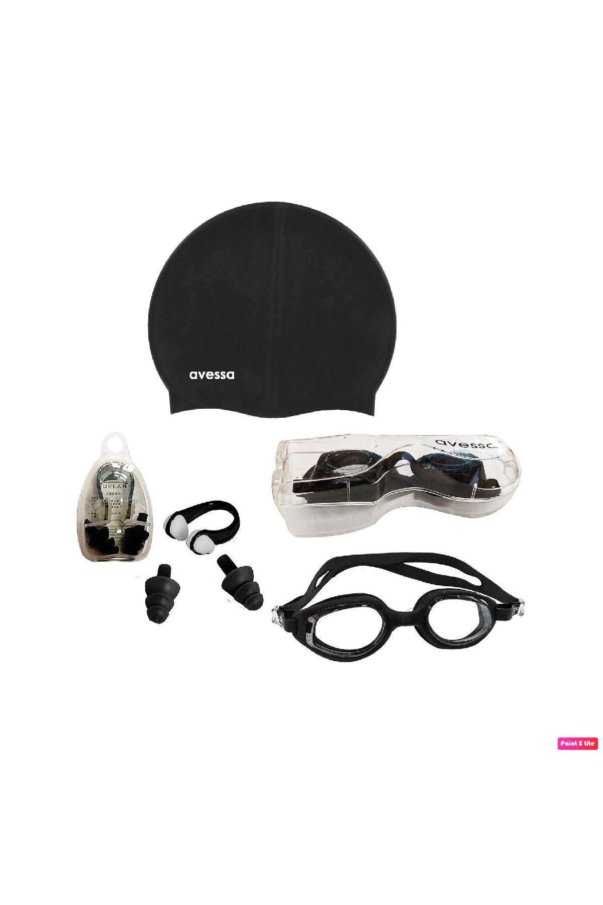 Avessa 3'lü Yetişkin Unisex Havuz Seti Yüzücü Deniz Gözlüğü Havuz Gözlüğü + Bone + Kulak Burun Tıkacı Siyah