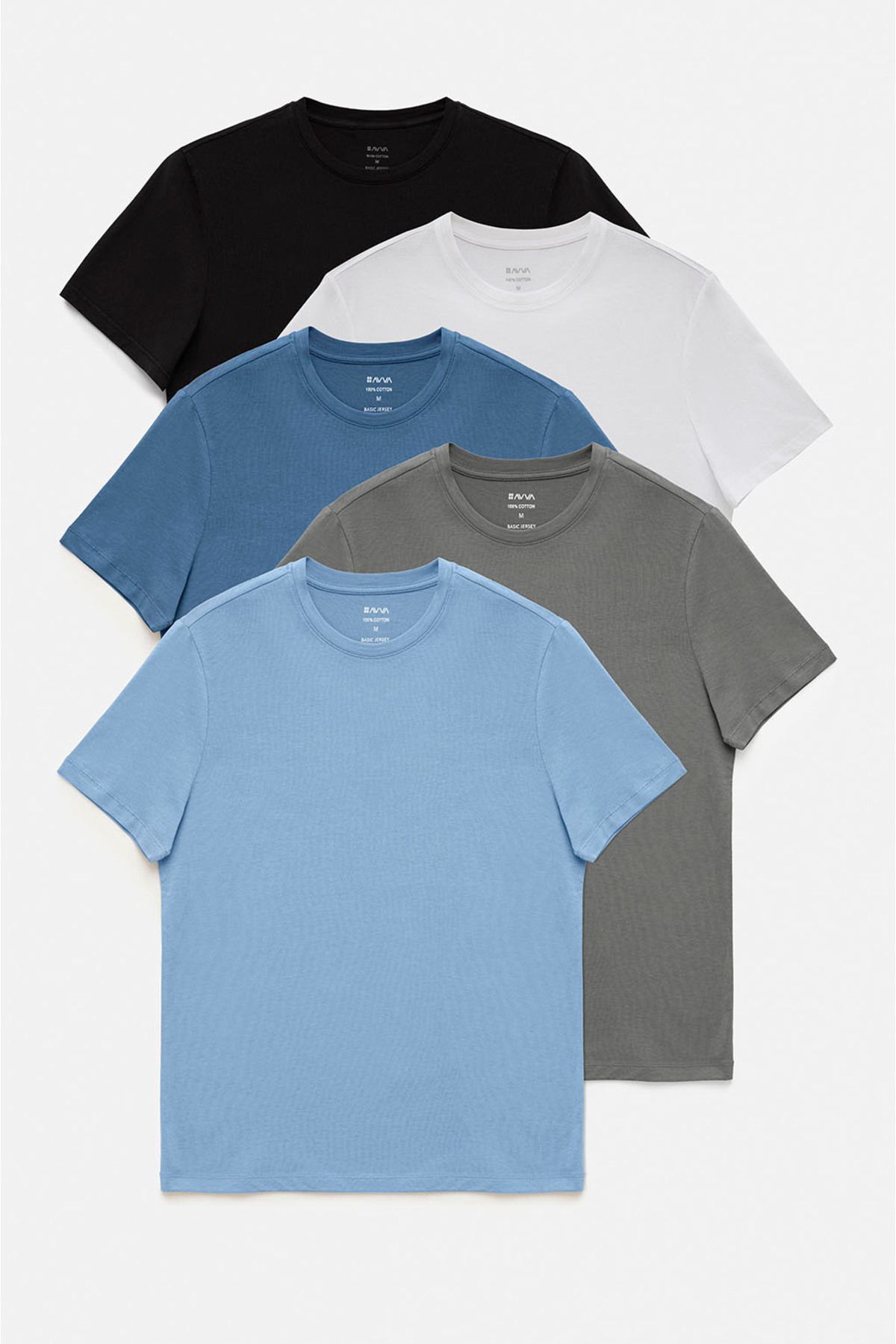 Avva Erkek Beyaz-siyah-gri-açık Mavi-koyu Mavi 5'li %100 Pamuk Bisiklet Yaka Regular Fit T-shirt E001021