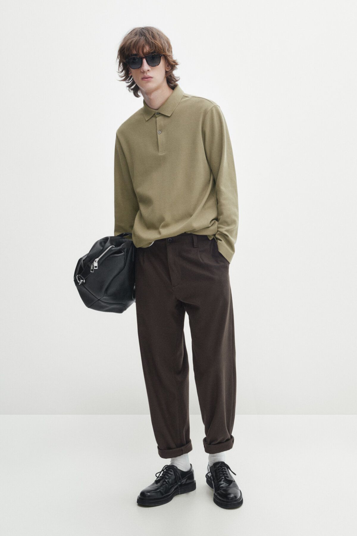 Massimo Dutti Uzun kollu ve mikro dokulu pamuklu polo yaka t-shirt