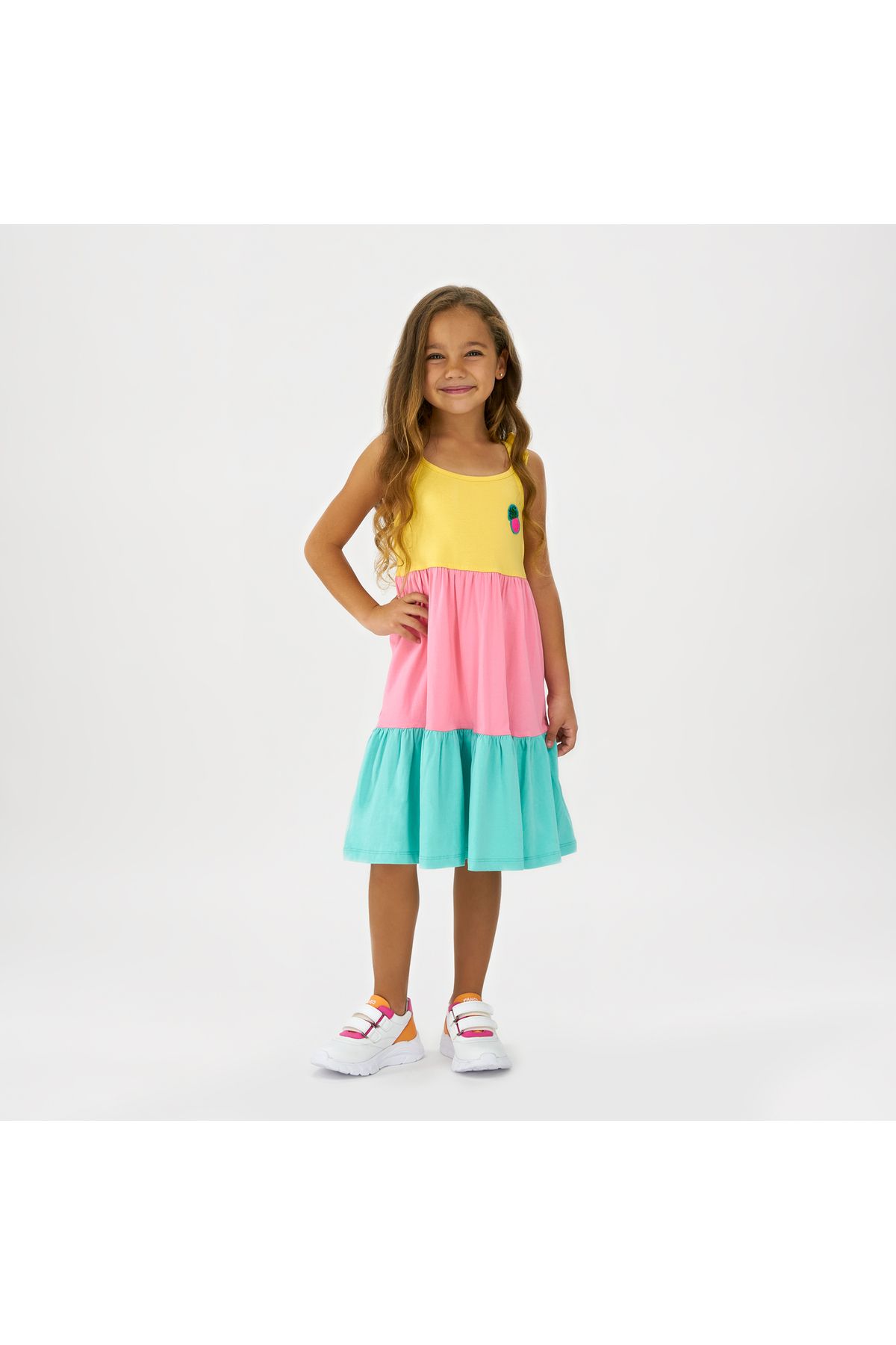 Panço Kız Çocuk Omuzları Fırfır Detaylı Blok Renkli Elbise