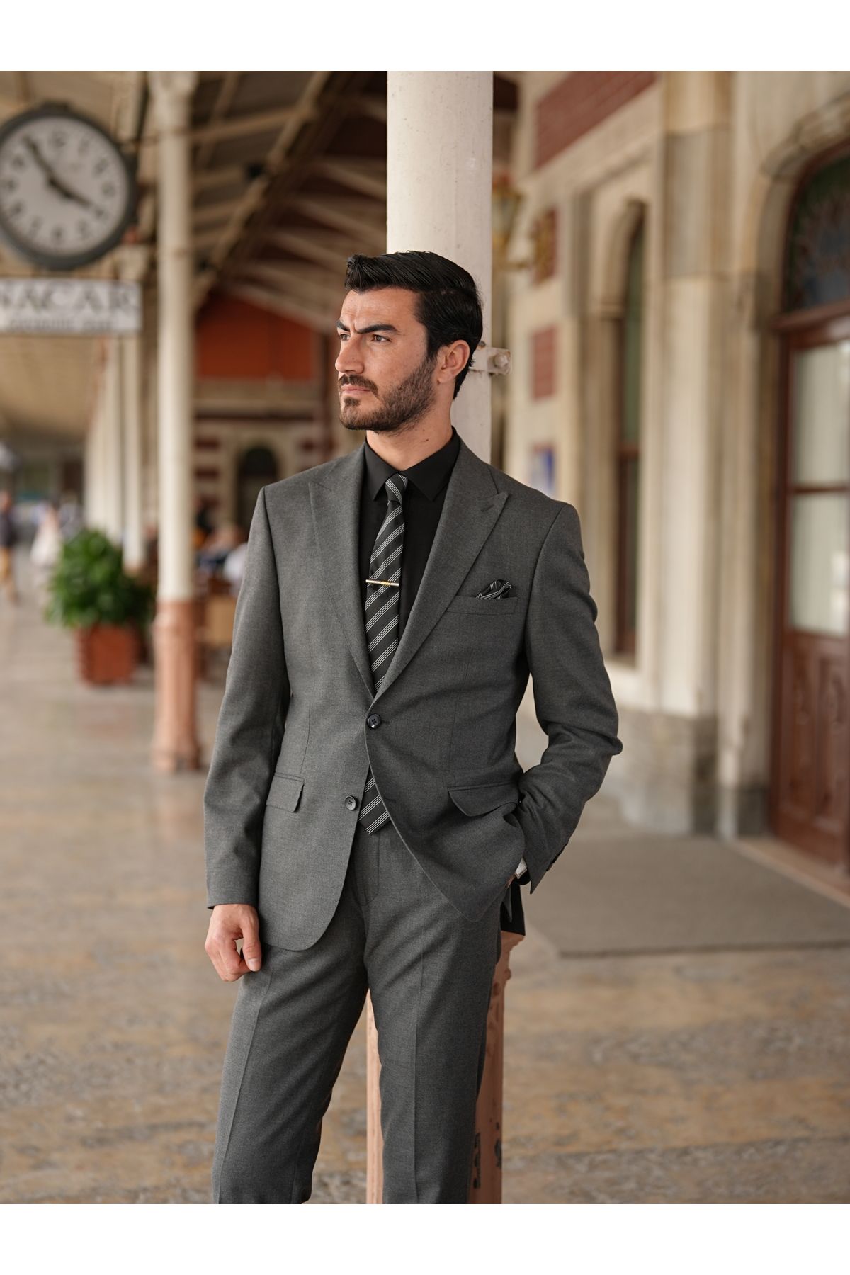 LONATOLİA Premium Erkek Slim Fit İtalyan Stil Punto Dikişli Yarım Astarlı Takım Elbise Ceket Pantolon-Füme