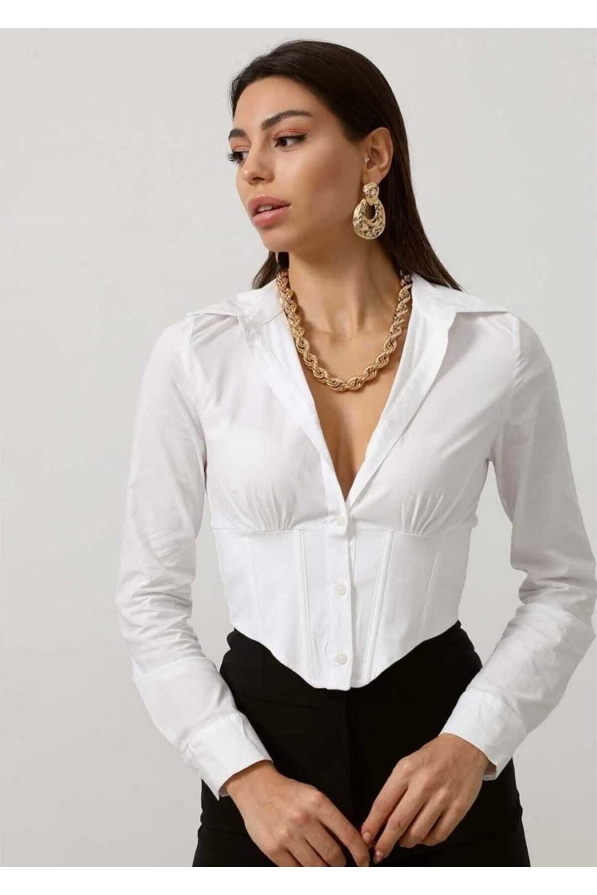 mirabella Kadın Crop Gömlek Slim Fit Dar Kesim Beli Lastikli Beyaz
