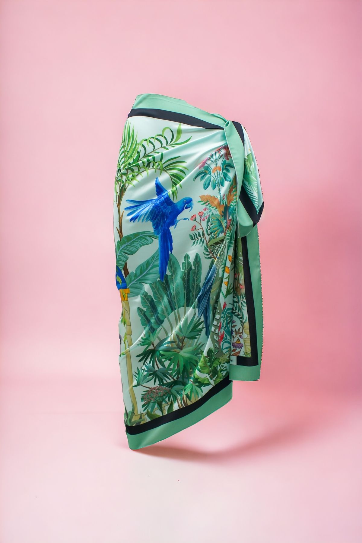pistore Nil Yeşili Mavi Kuş Desenli Uzun Pareo Saten Kadın Plaj Elbisesi Yeni Sezon
