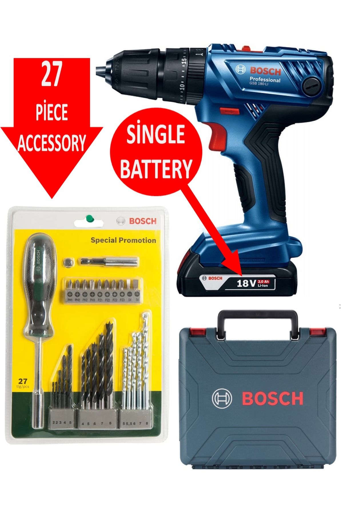 Bosch Cordless Impact Drill Cordless Combi Single Battery 18 Volt + 27 Piece Drill Screwdriver Bit