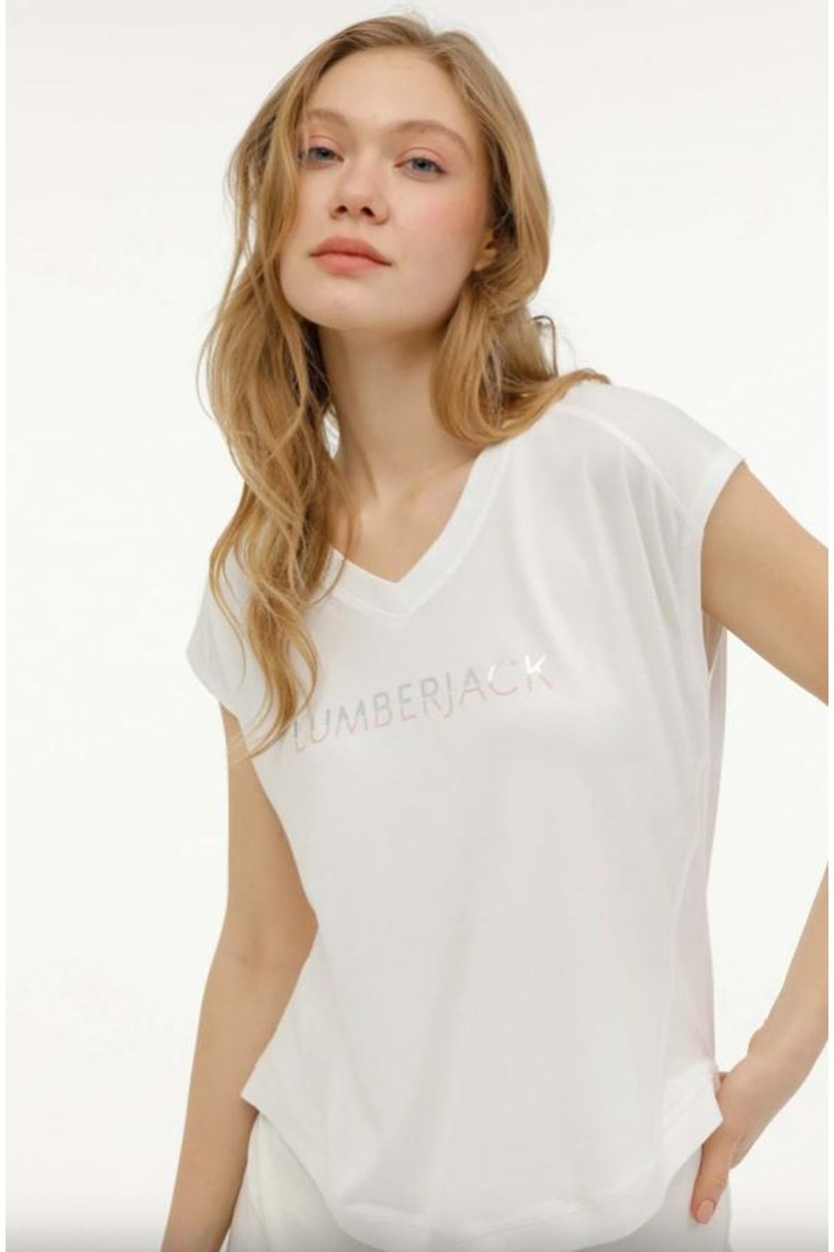 Lumberjack Wl Laya 11sl65 Ekru Kadın Kısa Kol T-shirt Kadın Tişört Beyaz