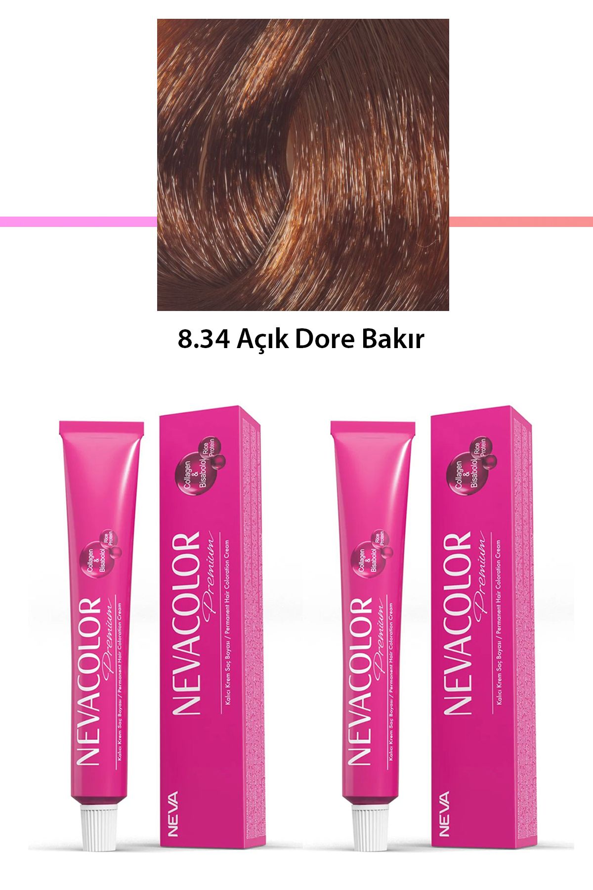 Neva Color 2 li Set Premium 8.34 Açık Dore Bakır - Kalıcı Krem Saç Boyası 2 X 50 g Tüp