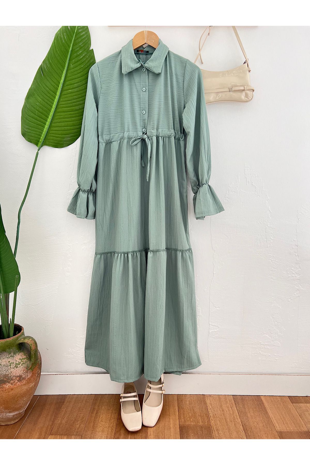 hepsi moda Beli Büzgülü Gofre Elbise - EFL - Mint Yeşili