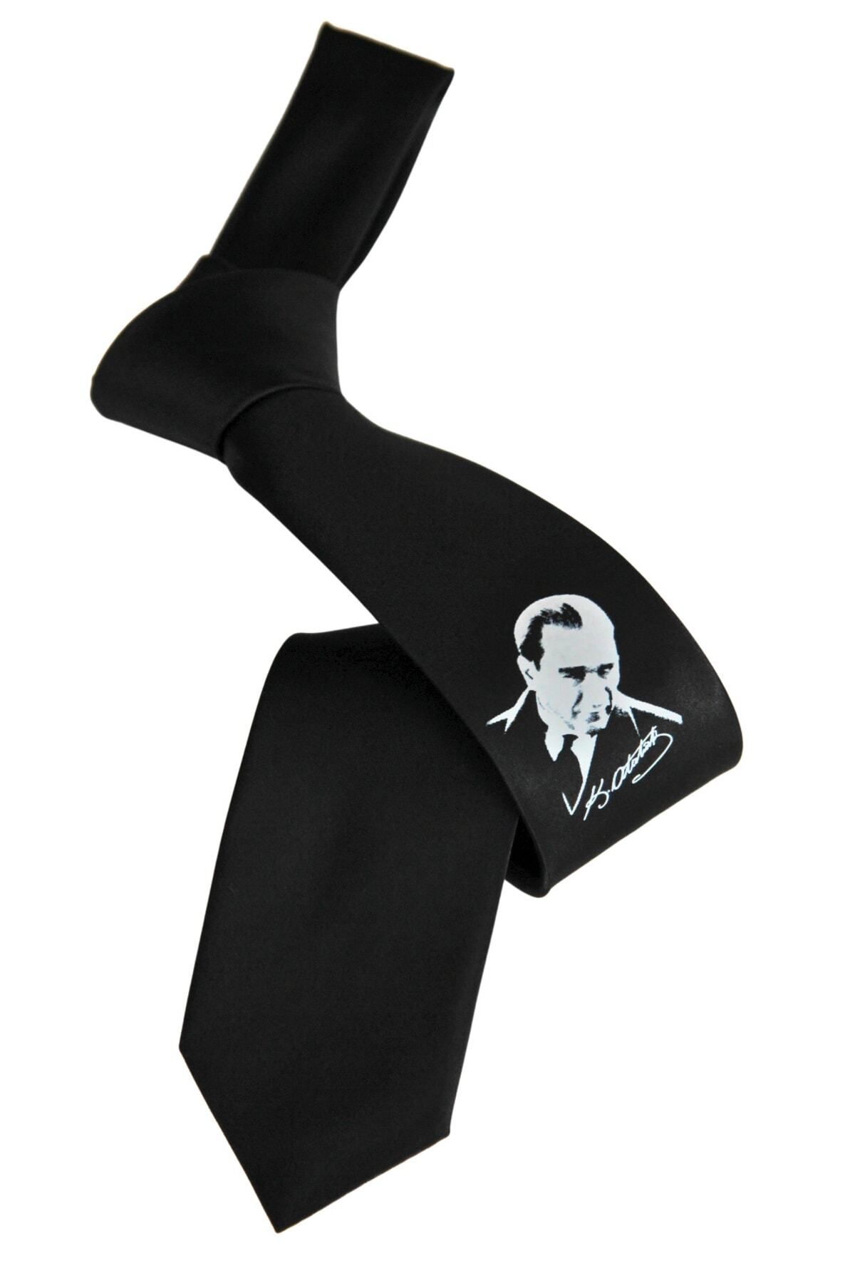 Elegante Cravatte Atatürk Baskılı Siyah Saten Kravat