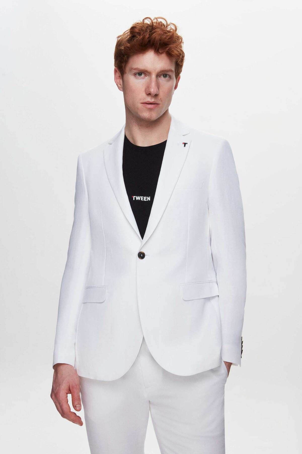 Tween Slim Fit Beyaz Lyocell-keten Karışımlı Takim Elbise