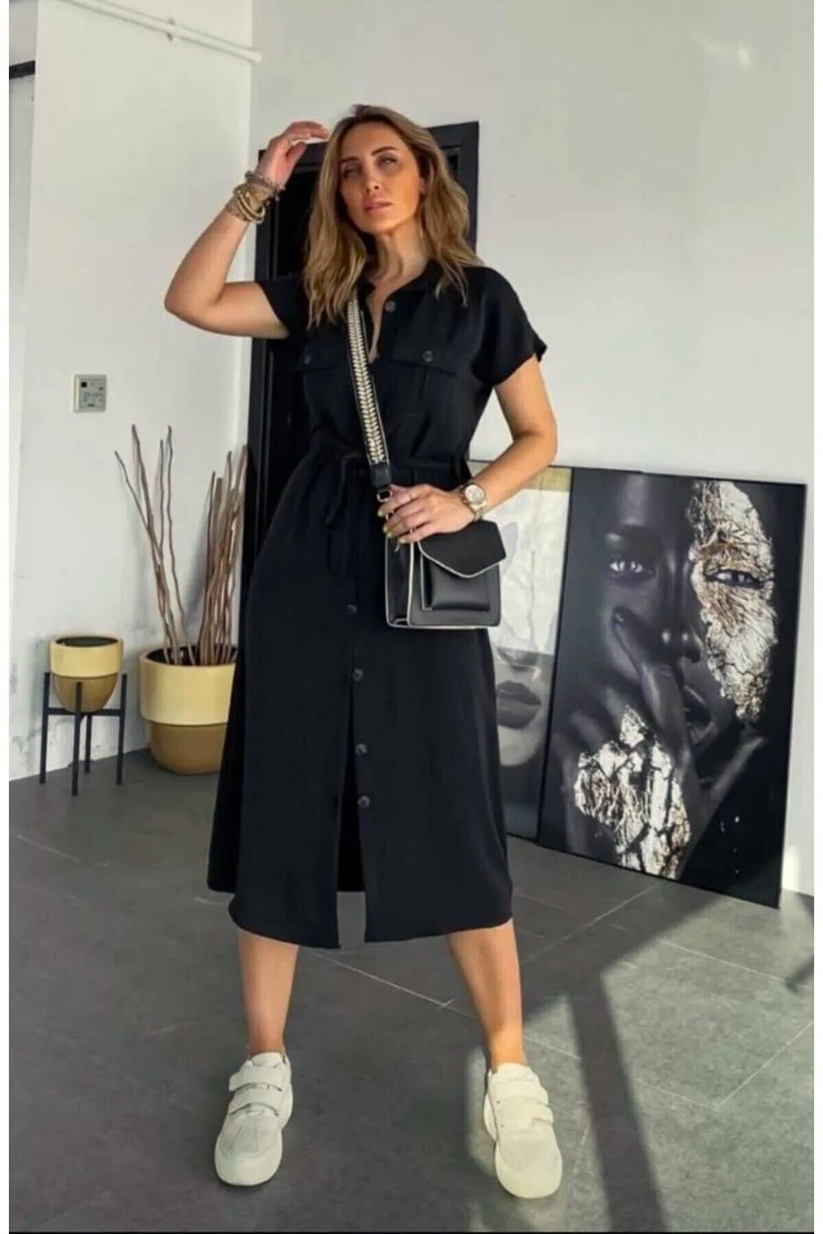 Genel Markalar Kadın Safari Cepli Kemerli Airobin Siyah Kısa Kollu Düğmeli Uzun Günlük Gömlek Elbise Yb4045230