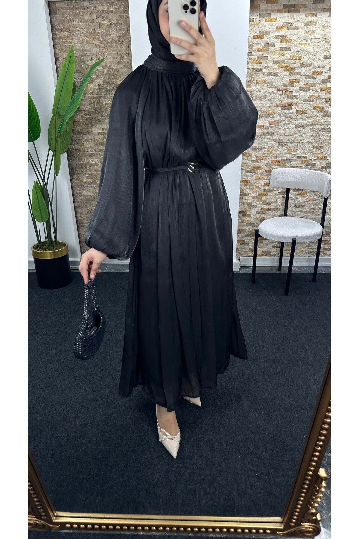 BMK BOUTİQUE Kadın oversize şifon kemerli elbise
