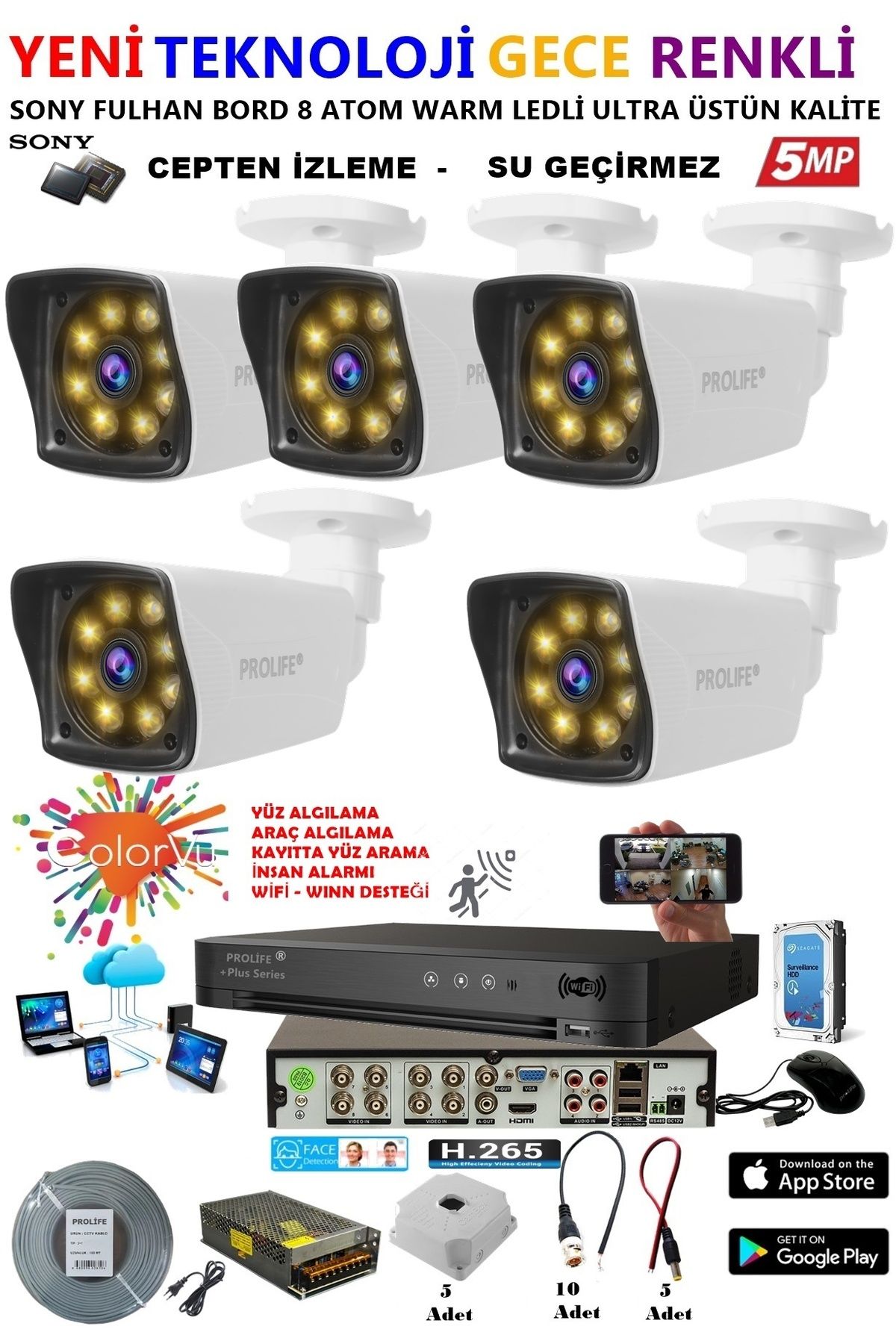PROLİFE 5 Kameralı 5mp Gece Renkli 8 Adet Warm Ledli Yüz Ve Araç Algılamalı Güvenlik Kamerası Sistemi