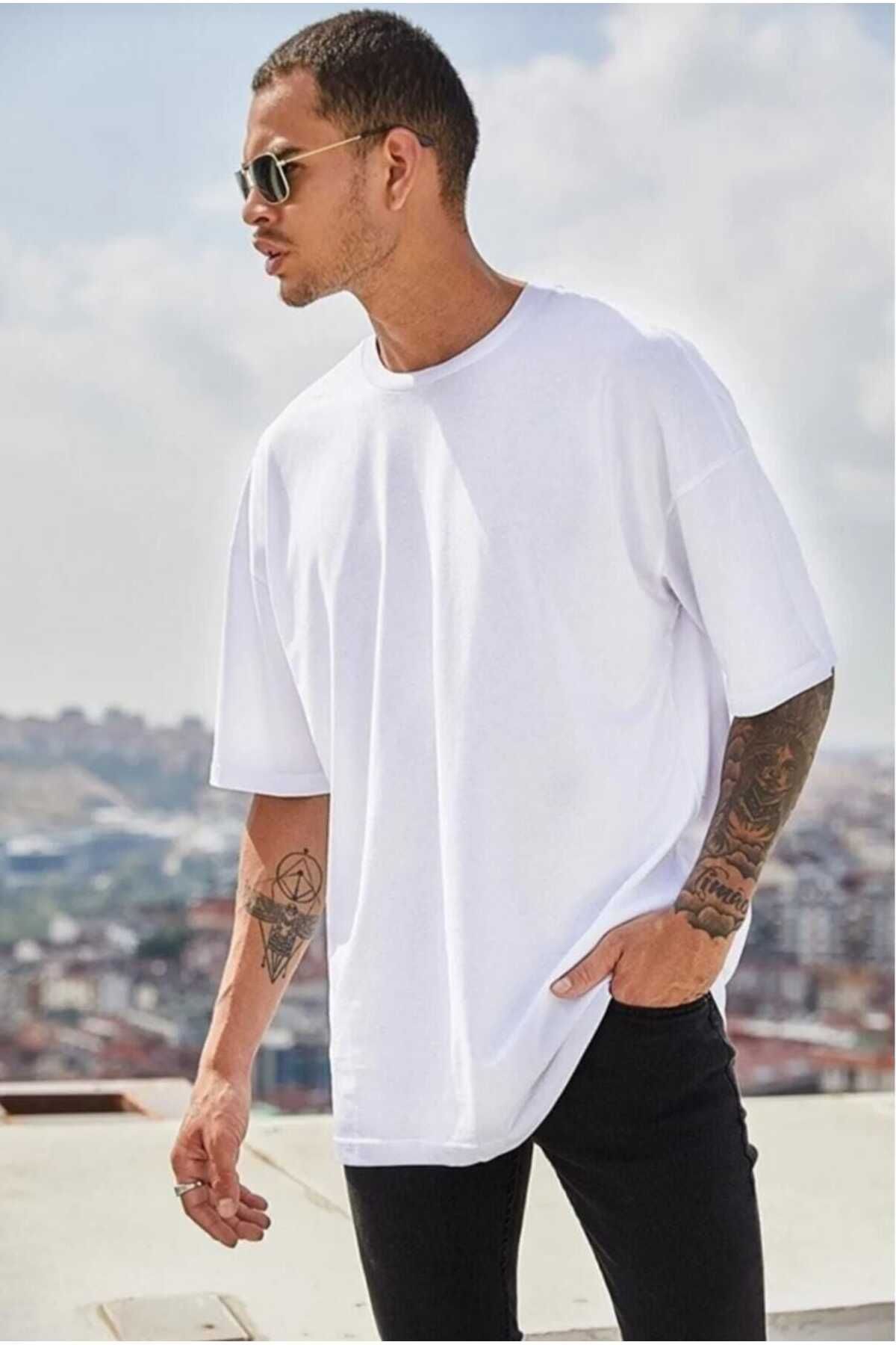 Genel Markalar Unisex Baskılı Pamuk Beyaz Bisiklet Yaka Oversize Boyfriend T-shirt