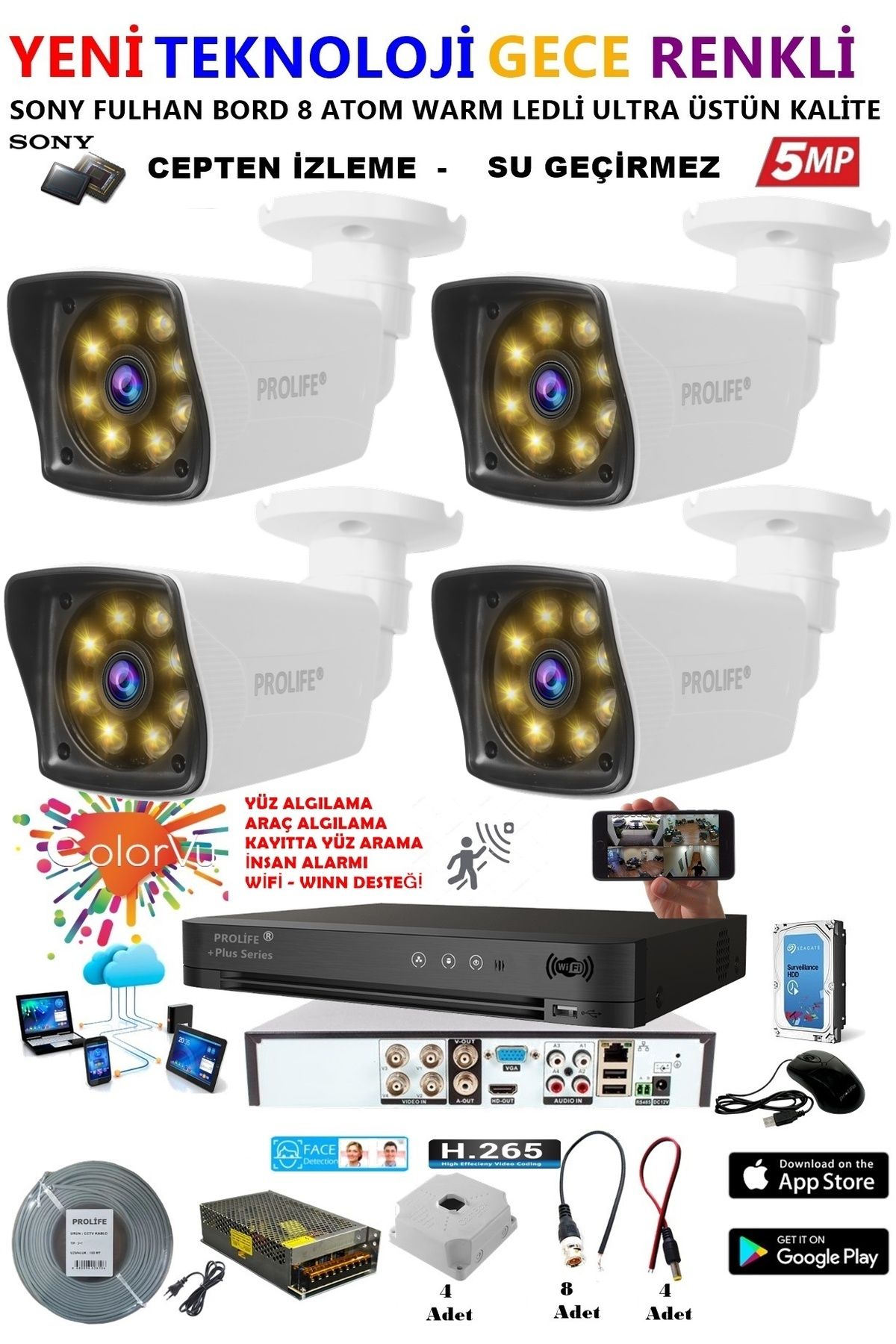 PROLİFE 4 Kameralı 5 Mp Gece Renkli 8 Adet Warm Ledli Yüz Ve Araç Algılamalı Güvenlik Kamerası Seti