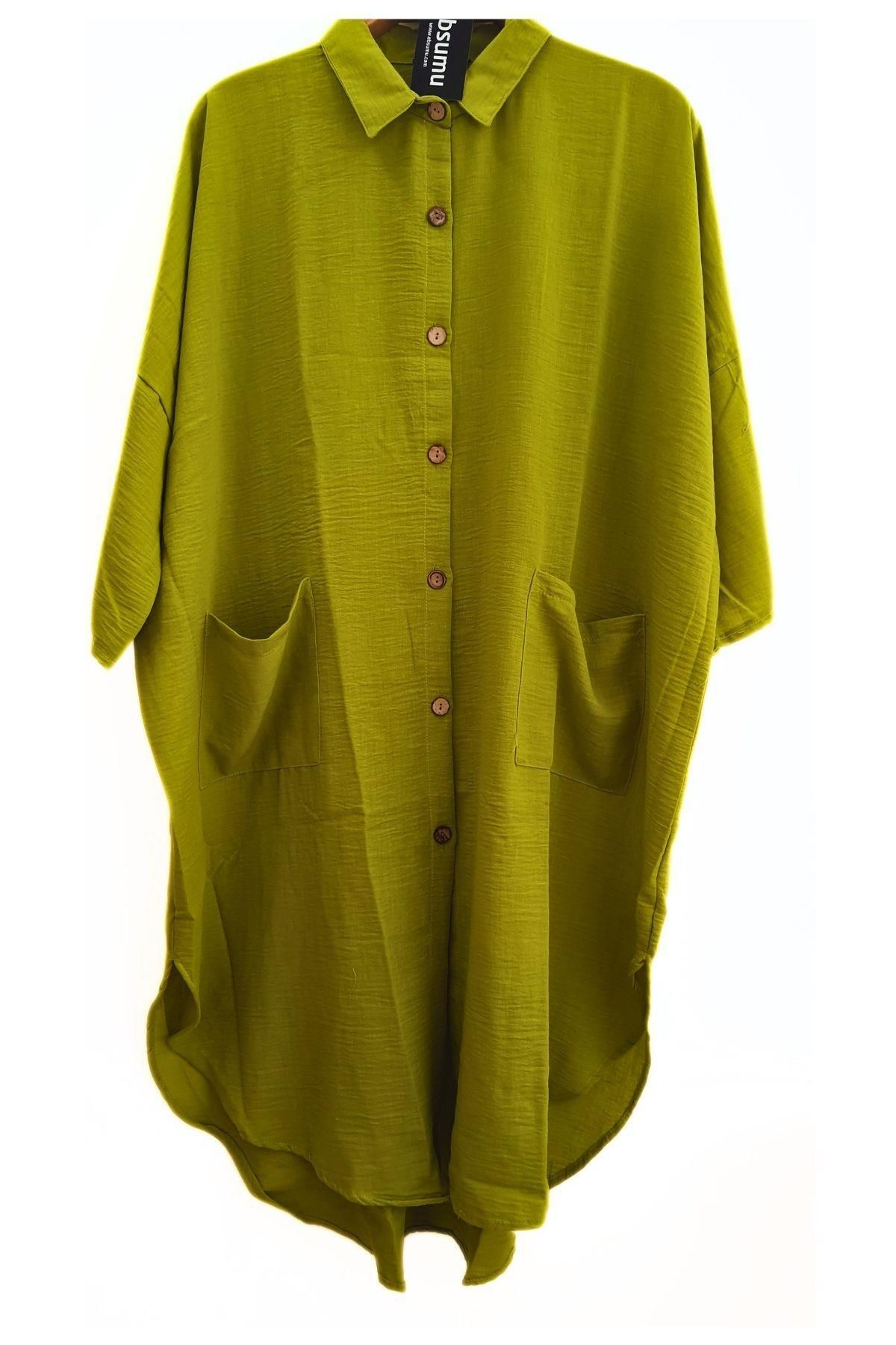 Ebsumu Kadın Büyük Beden Gömlek Yaka Keten Görünümlü A.Yeşil Elbise