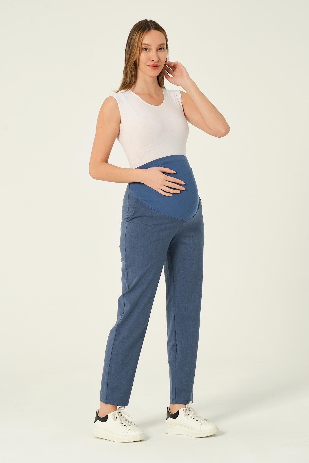 BUSA Hamile Esnek Karın Bantlı Belden Ayarlı Mom Fit Klasik Gabardin Pantolon Mavi